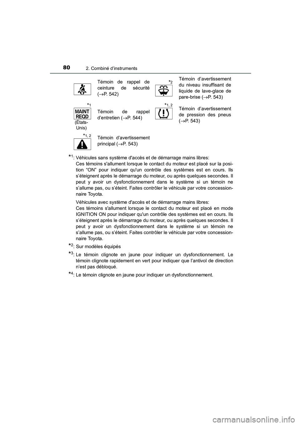 TOYOTA COROLLA 2016  Manuel du propriétaire (in French) 802. Combiné d’instruments
COROLLA_TMMMS_TMMC_D (OM12J84D)
*1: Véhicules sans système daccès et de démarrage mains libres: Ces témoins sallument lorsque le contact du moteur est placé sur l