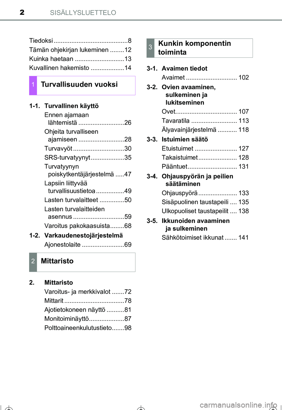TOYOTA COROLLA 2016 Omistajan Käsikirja (in Finnish) SISÄLLYSLUETTELO2
OM12J90FITiedoksi ..........................................8
Tämän ohjekirjan lukeminen ........12
Kuinka haetaan ............................13
Kuvallinen hakemisto ............ TOYOTA COROLLA 2016 Omistajan Käsikirja (in Finnish) SISÄLLYSLUETTELO2
OM12J90FITiedoksi ..........................................8
Tämän ohjekirjan lukeminen ........12
Kuinka haetaan ............................13
Kuvallinen hakemisto ............