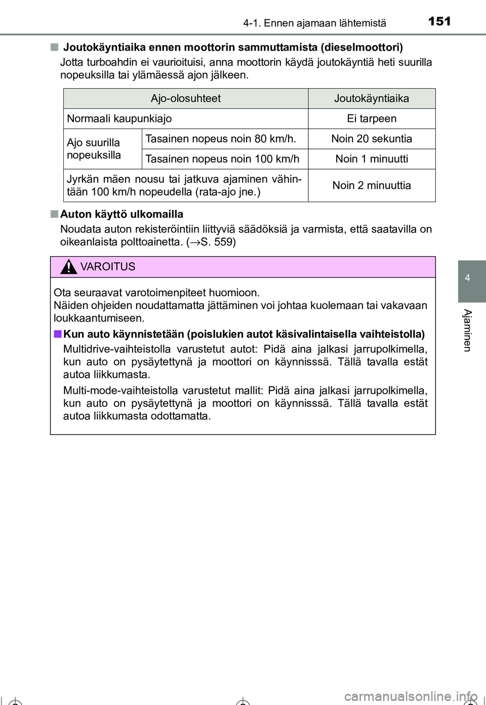 TOYOTA COROLLA 2016 Omistajan Käsikirja (in Finnish) 1514-1. Ennen ajamaan lähtemistä
OM12J90FI
4
Ajaminen
■ Joutokäyntiaika ennen moottorin sammuttamista (dieselmoottori)
Jotta turboahdin ei vaurioituisi, anna moottorin käydä joutokäyntiä het TOYOTA COROLLA 2016 Omistajan Käsikirja (in Finnish) 1514-1. Ennen ajamaan lähtemistä
OM12J90FI
4
Ajaminen
■ Joutokäyntiaika ennen moottorin sammuttamista (dieselmoottori)
Jotta turboahdin ei vaurioituisi, anna moottorin käydä joutokäyntiä het