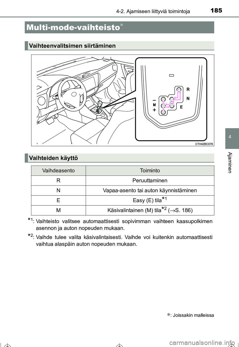 TOYOTA COROLLA 2016 Omistajan Käsikirja (in Finnish) 1854-2. Ajamiseen liittyviä toimintoja
OM12J90FI
4
Ajaminen
*1: Vaihteisto valitsee automaattisesti sopivimman vaihteen kaasupolkimenasennon ja auton nopeuden mukaan.
*2: Vaihde tulee valita käsival TOYOTA COROLLA 2016 Omistajan Käsikirja (in Finnish) 1854-2. Ajamiseen liittyviä toimintoja
OM12J90FI
4
Ajaminen
*1: Vaihteisto valitsee automaattisesti sopivimman vaihteen kaasupolkimenasennon ja auton nopeuden mukaan.
*2: Vaihde tulee valita käsival