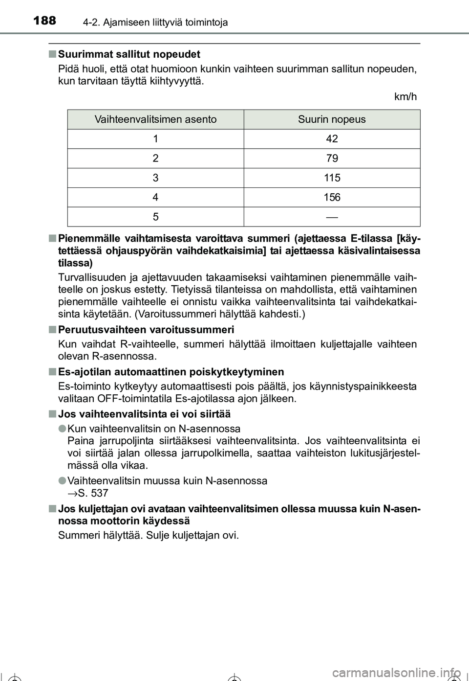 TOYOTA COROLLA 2016 Omistajan Käsikirja (in Finnish) 1884-2. Ajamiseen liittyviä toimintoja
OM12J90FI
■Suurimmat sallitut nopeudet
Pidä huoli, että otat huomioon kunkin vaihteen suurimman sallitun nopeuden,
kun tarvitaan täyttä kiihtyvyyttä.
km/ TOYOTA COROLLA 2016 Omistajan Käsikirja (in Finnish) 1884-2. Ajamiseen liittyviä toimintoja
OM12J90FI
■Suurimmat sallitut nopeudet
Pidä huoli, että otat huomioon kunkin vaihteen suurimman sallitun nopeuden,
kun tarvitaan täyttä kiihtyvyyttä.
km/