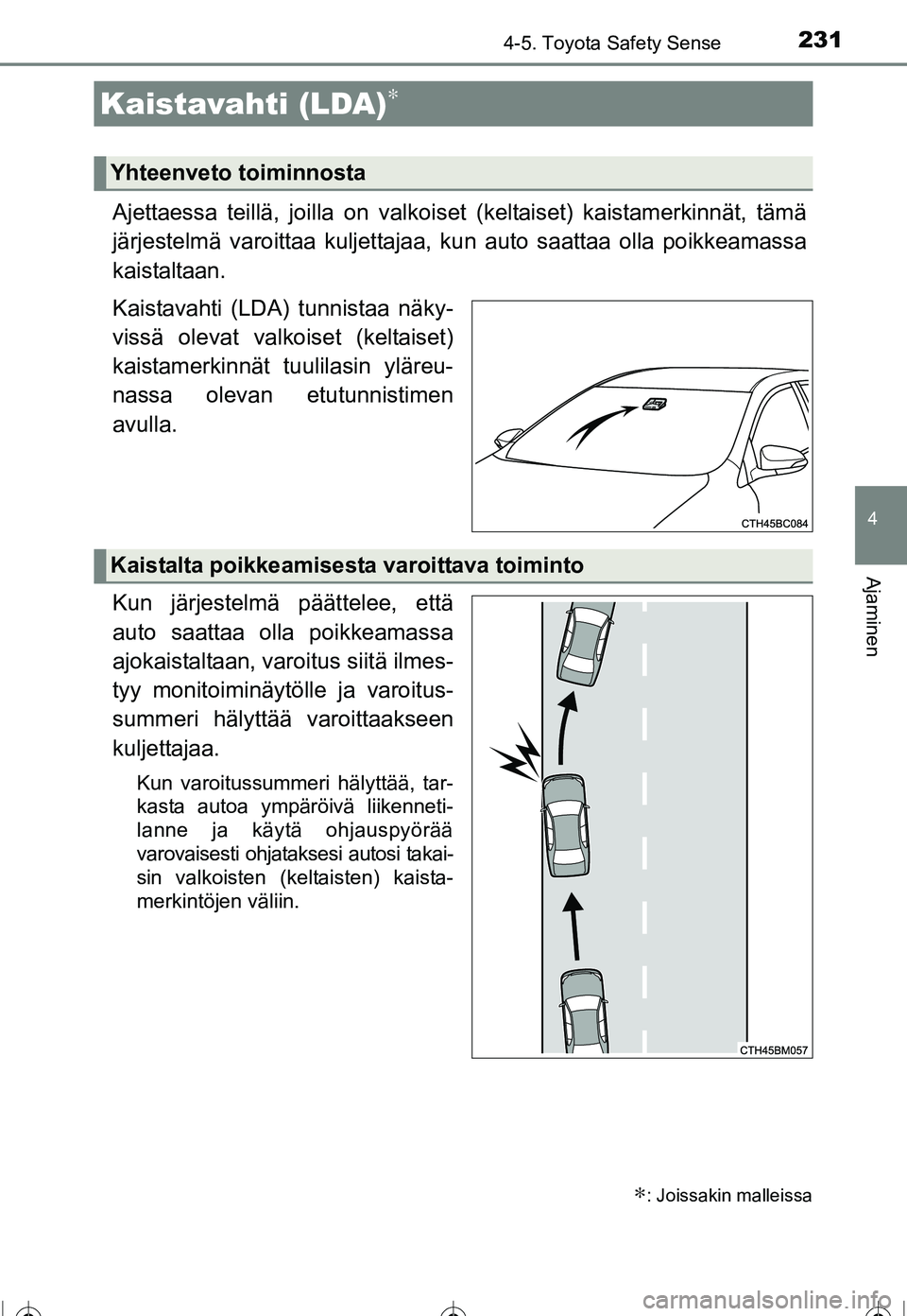 TOYOTA COROLLA 2016 Omistajan Käsikirja (in Finnish) 2314-5. Toyota Safety Sense
OM12J90FI
4
Ajaminen
Ajettaessa teillä, joilla on valkoiset (keltaiset) kaistamerkinnät, tämä
järjestelmä varoittaa kuljettajaa, kun auto saattaa olla poikkeamassa
k TOYOTA COROLLA 2016 Omistajan Käsikirja (in Finnish) 2314-5. Toyota Safety Sense
OM12J90FI
4
Ajaminen
Ajettaessa teillä, joilla on valkoiset (keltaiset) kaistamerkinnät, tämä
järjestelmä varoittaa kuljettajaa, kun auto saattaa olla poikkeamassa
k