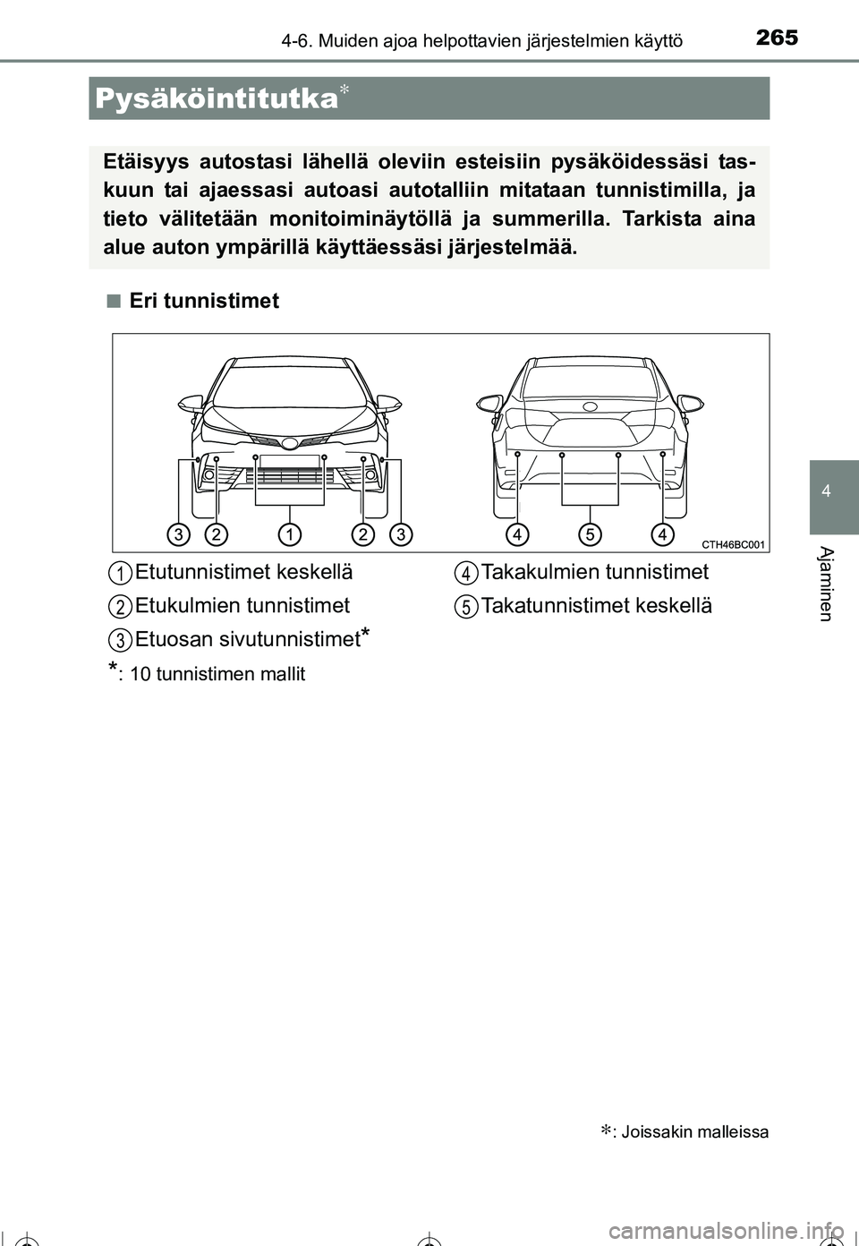 TOYOTA COROLLA 2016  Omistajan Käsikirja (in Finnish) 2654-6. Muiden ajoa helpottavien järjestelmien käyttö
OM12J90FI
4
Ajaminen
■Eri tunnistimet
Pysäköintitutka∗
∗: Joissakin malleissa
Etäisyys autostasi lähellä oleviin esteisiin pysäköi