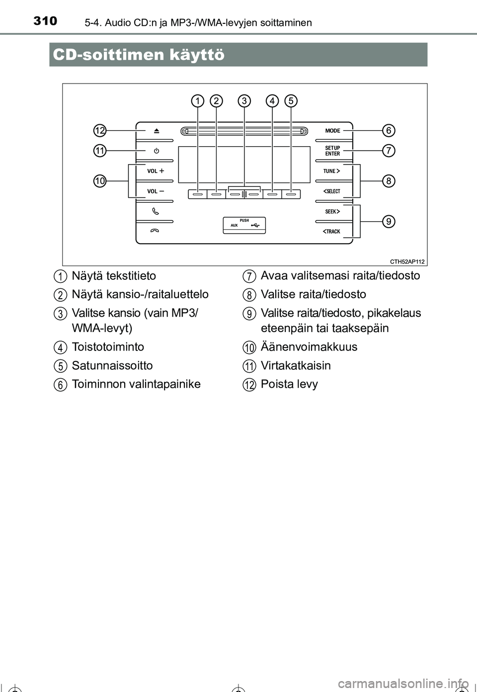 TOYOTA COROLLA 2016 Omistajan Käsikirja (in Finnish) 310
OM12J90FI
5-4. Audio CD:n ja MP3-/WMA-levyjen soittaminen
CD-soittimen käyttö
Näytä tekstitieto
Näytä kansio-/raitaluettelo
Valitse kansio (vain MP3/
WMA-levyt)
Toistotoiminto
Satunnaissoitt TOYOTA COROLLA 2016 Omistajan Käsikirja (in Finnish) 310
OM12J90FI
5-4. Audio CD:n ja MP3-/WMA-levyjen soittaminen
CD-soittimen käyttö
Näytä tekstitieto
Näytä kansio-/raitaluettelo
Valitse kansio (vain MP3/
WMA-levyt)
Toistotoiminto
Satunnaissoitt