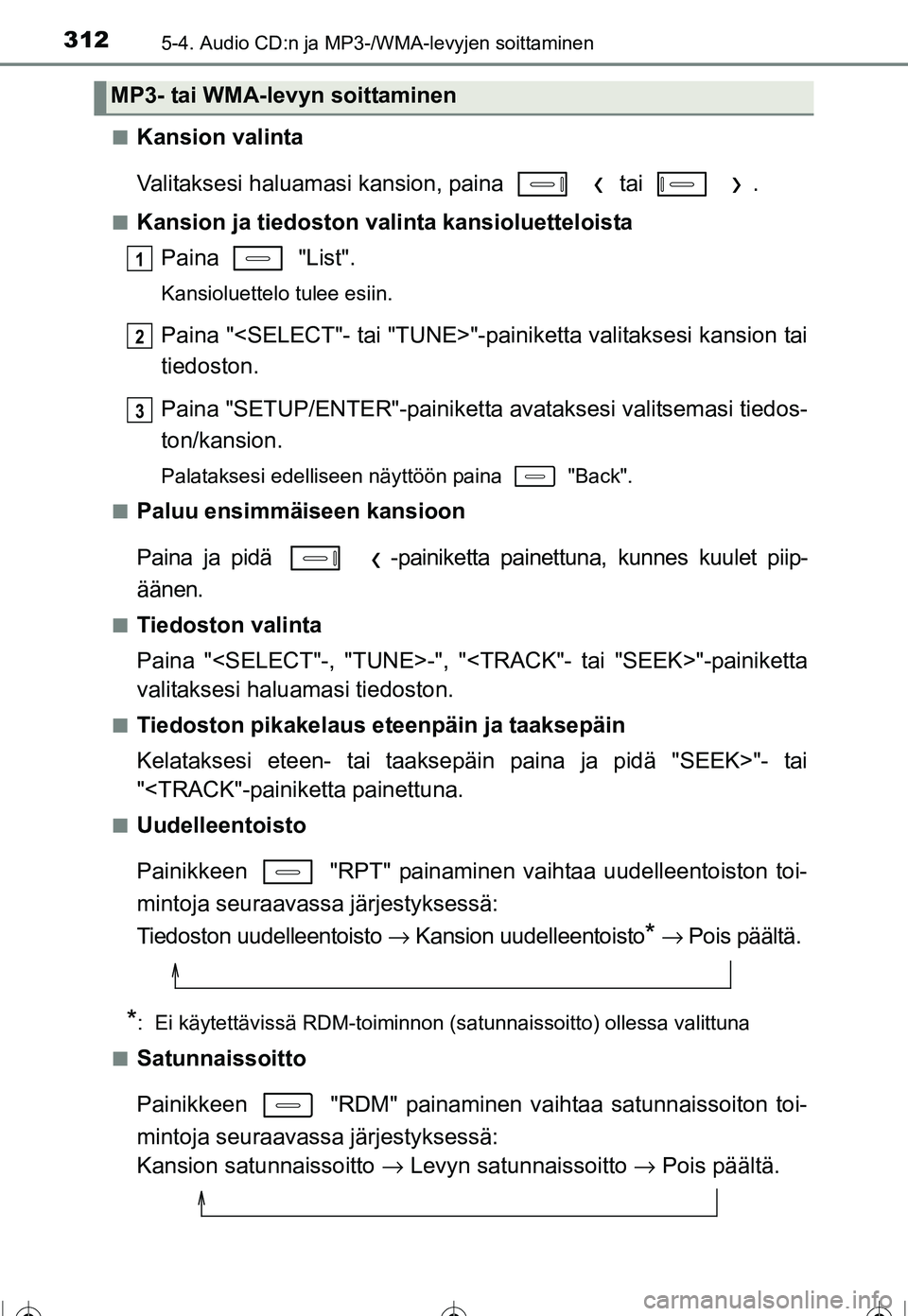 TOYOTA COROLLA 2016 Omistajan Käsikirja (in Finnish) 3125-4. Audio CD:n ja MP3-/WMA-levyjen soittaminen
OM12J90FI■
Kansion valinta
Valitaksesi haluamasi kansion, paina tai .
■Kansion ja tiedoston valinta kansioluetteloista
Paina "List".
Kans TOYOTA COROLLA 2016 Omistajan Käsikirja (in Finnish) 3125-4. Audio CD:n ja MP3-/WMA-levyjen soittaminen
OM12J90FI■
Kansion valinta
Valitaksesi haluamasi kansion, paina tai .
■Kansion ja tiedoston valinta kansioluetteloista
Paina "List".
Kans