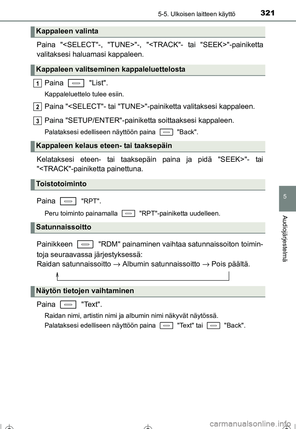 TOYOTA COROLLA 2016 Omistajan Käsikirja (in Finnish) 3215-5. Ulkoisen laitteen käyttö
OM12J90FI
5
Audiojärjestelmä
Paina "<SELECT"-, "TUNE>"-, "<TRACK"- tai "SEEK>"-painiketta
valitaksesi haluamasi kappaleen.
Paina "List".
Kappaleluettelo tulee esi TOYOTA COROLLA 2016 Omistajan Käsikirja (in Finnish) 3215-5. Ulkoisen laitteen käyttö
OM12J90FI
5
Audiojärjestelmä
Paina "<SELECT"-, "TUNE>"-, "<TRACK"- tai "SEEK>"-painiketta
valitaksesi haluamasi kappaleen.
Paina "List".
Kappaleluettelo tulee esi