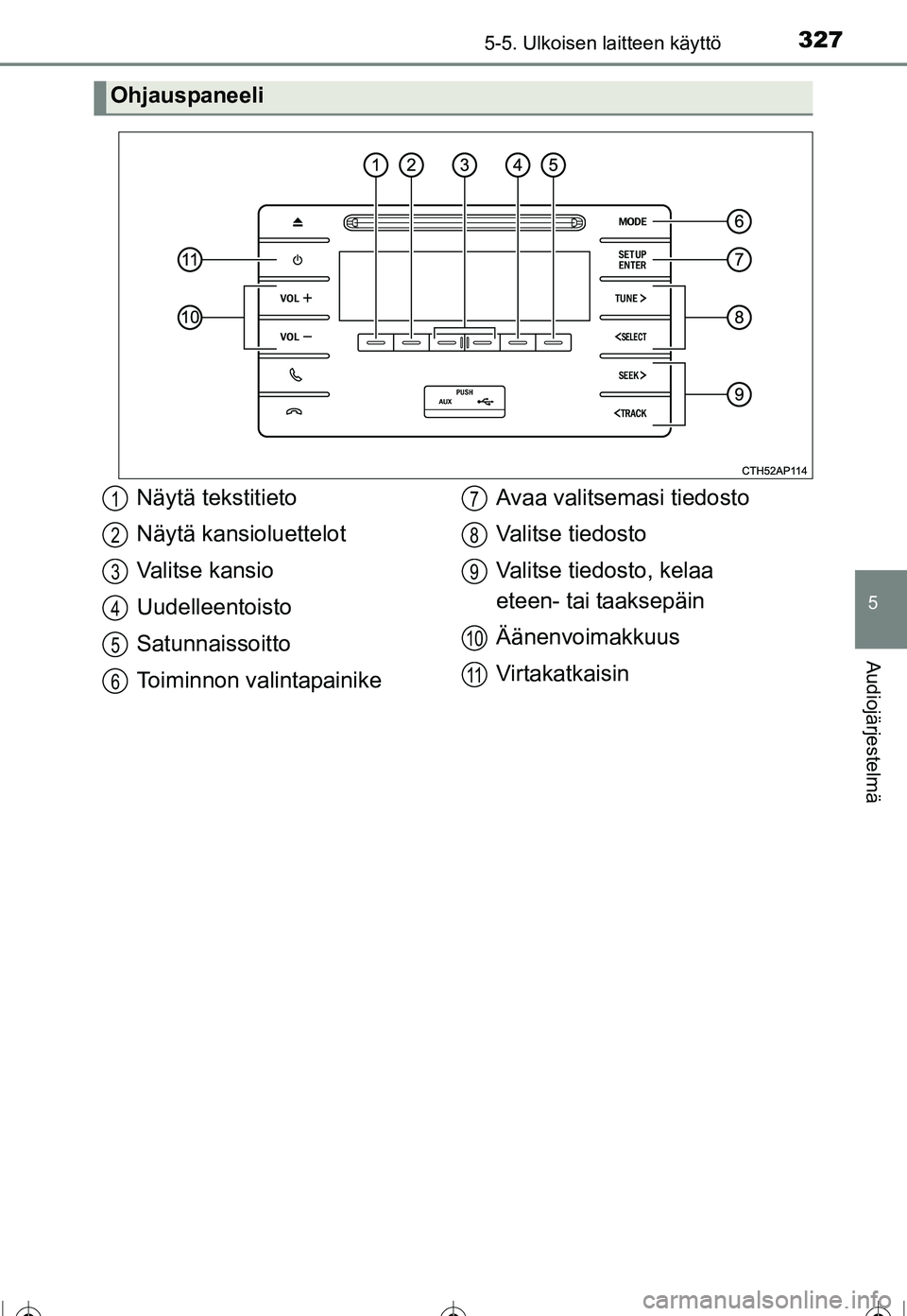 TOYOTA COROLLA 2016 Omistajan Käsikirja (in Finnish) 3275-5. Ulkoisen laitteen käyttö
OM12J90FI
5
Audiojärjestelmä
Ohjauspaneeli
Näytä tekstitieto
Näytä kansioluettelot
Valitse kansio
Uudelleentoisto
Satunnaissoitto
Toiminnon valintapainikeAvaa TOYOTA COROLLA 2016 Omistajan Käsikirja (in Finnish) 3275-5. Ulkoisen laitteen käyttö
OM12J90FI
5
Audiojärjestelmä
Ohjauspaneeli
Näytä tekstitieto
Näytä kansioluettelot
Valitse kansio
Uudelleentoisto
Satunnaissoitto
Toiminnon valintapainikeAvaa
