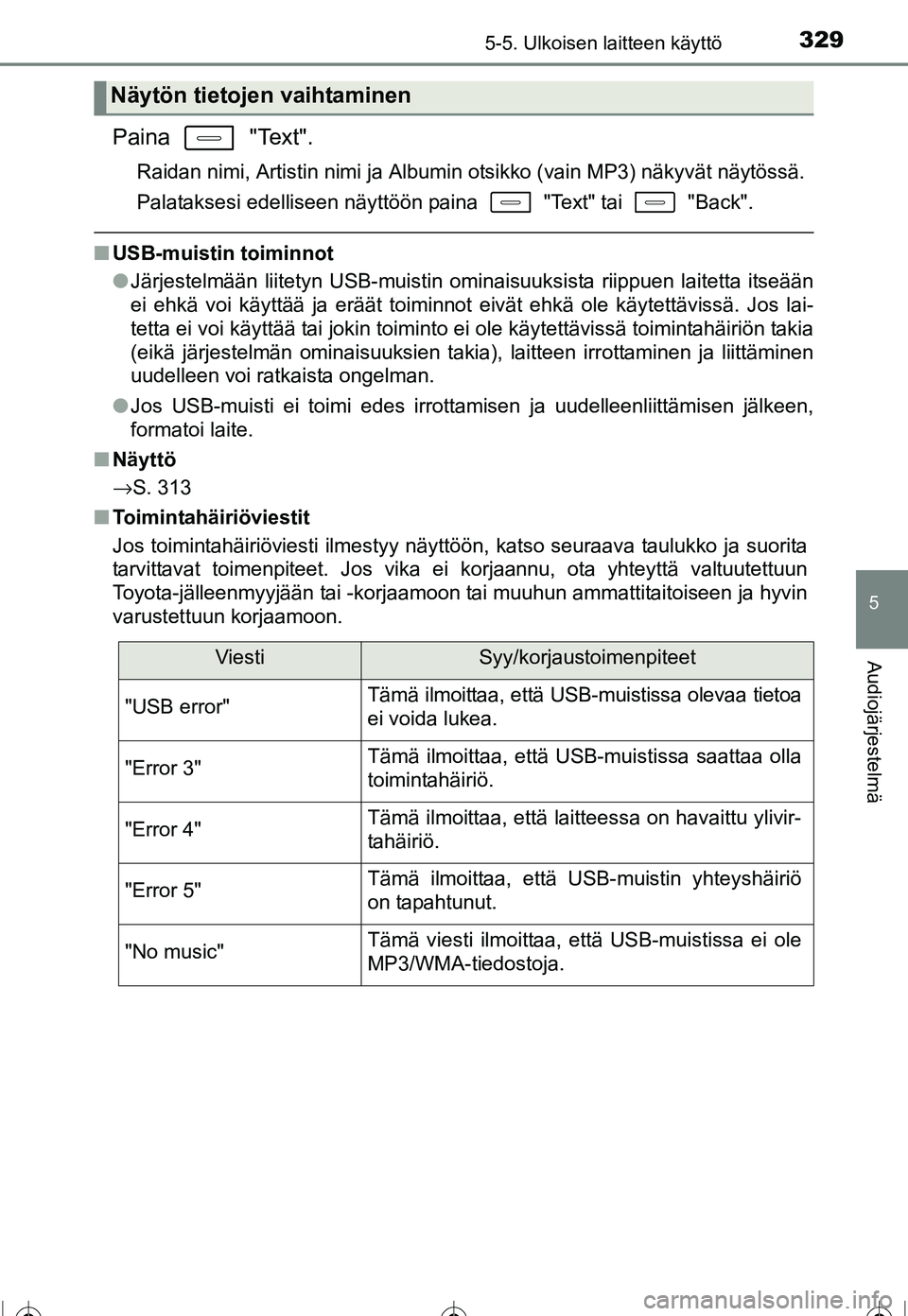 TOYOTA COROLLA 2016 Omistajan Käsikirja (in Finnish) 3295-5. Ulkoisen laitteen käyttö
OM12J90FI
5
Audiojärjestelmä
Paina "Text".
Raidan nimi, Artistin nimi ja Albumin otsikko (vain MP3) näkyvät näytössä.
Palataksesi edelliseen näyttöön pain TOYOTA COROLLA 2016 Omistajan Käsikirja (in Finnish) 3295-5. Ulkoisen laitteen käyttö
OM12J90FI
5
Audiojärjestelmä
Paina "Text".
Raidan nimi, Artistin nimi ja Albumin otsikko (vain MP3) näkyvät näytössä.
Palataksesi edelliseen näyttöön pain