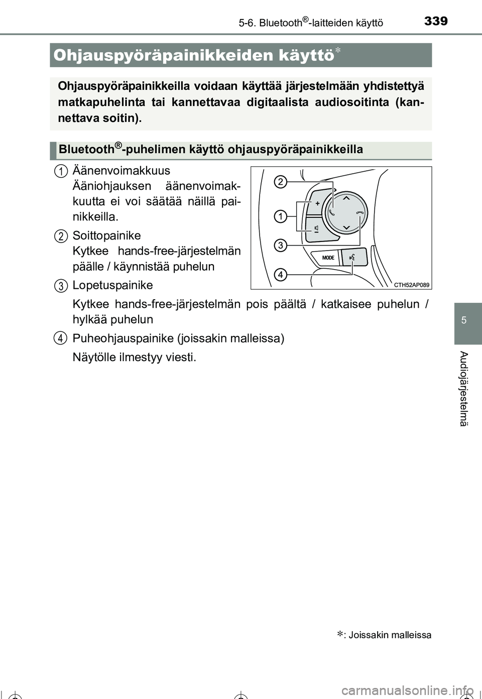 TOYOTA COROLLA 2016 Omistajan Käsikirja (in Finnish) 3395-6. Bluetooth®-laitteiden käyttö
OM12J90FI
5
Audiojärjestelmä
Äänenvoimakkuus
Ääniohjauksen äänenvoimak-
kuutta ei voi säätää näillä pai-
nikkeilla.
Soittopainike
Kytkee hands-f TOYOTA COROLLA 2016 Omistajan Käsikirja (in Finnish) 3395-6. Bluetooth®-laitteiden käyttö
OM12J90FI
5
Audiojärjestelmä
Äänenvoimakkuus
Ääniohjauksen äänenvoimak-
kuutta ei voi säätää näillä pai-
nikkeilla.
Soittopainike
Kytkee hands-f