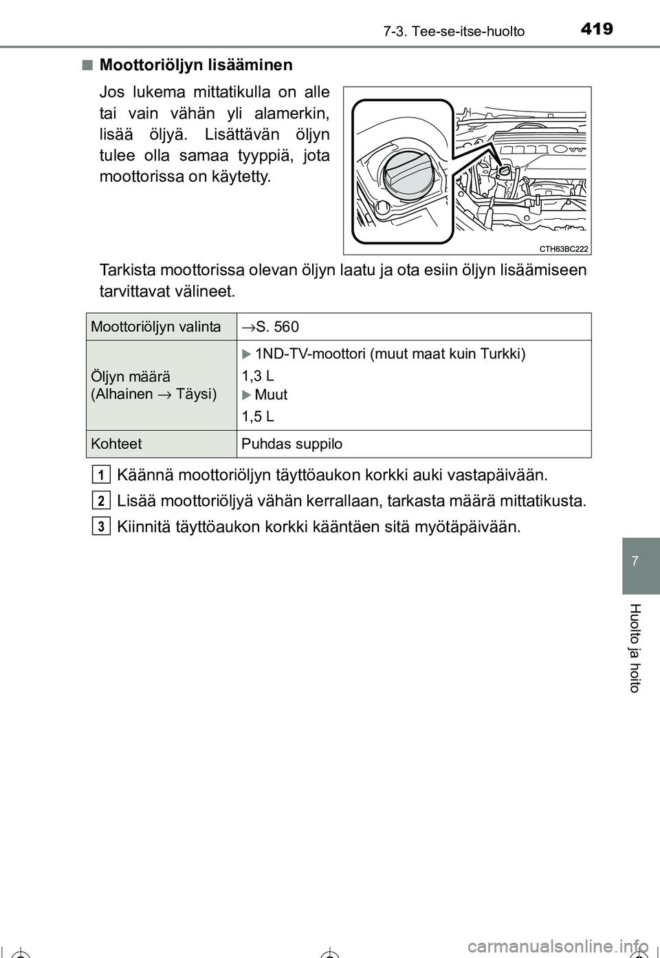 TOYOTA COROLLA 2016  Omistajan Käsikirja (in Finnish) 4197-3. Tee-se-itse-huolto
OM12J90FI
7
Huolto ja hoito
■Moottoriöljyn lisääminen
Jos lukema mittatikulla on alle
tai vain vähän yli alamerkin,
lisää öljyä. Lisättävän öljyn
tulee olla s