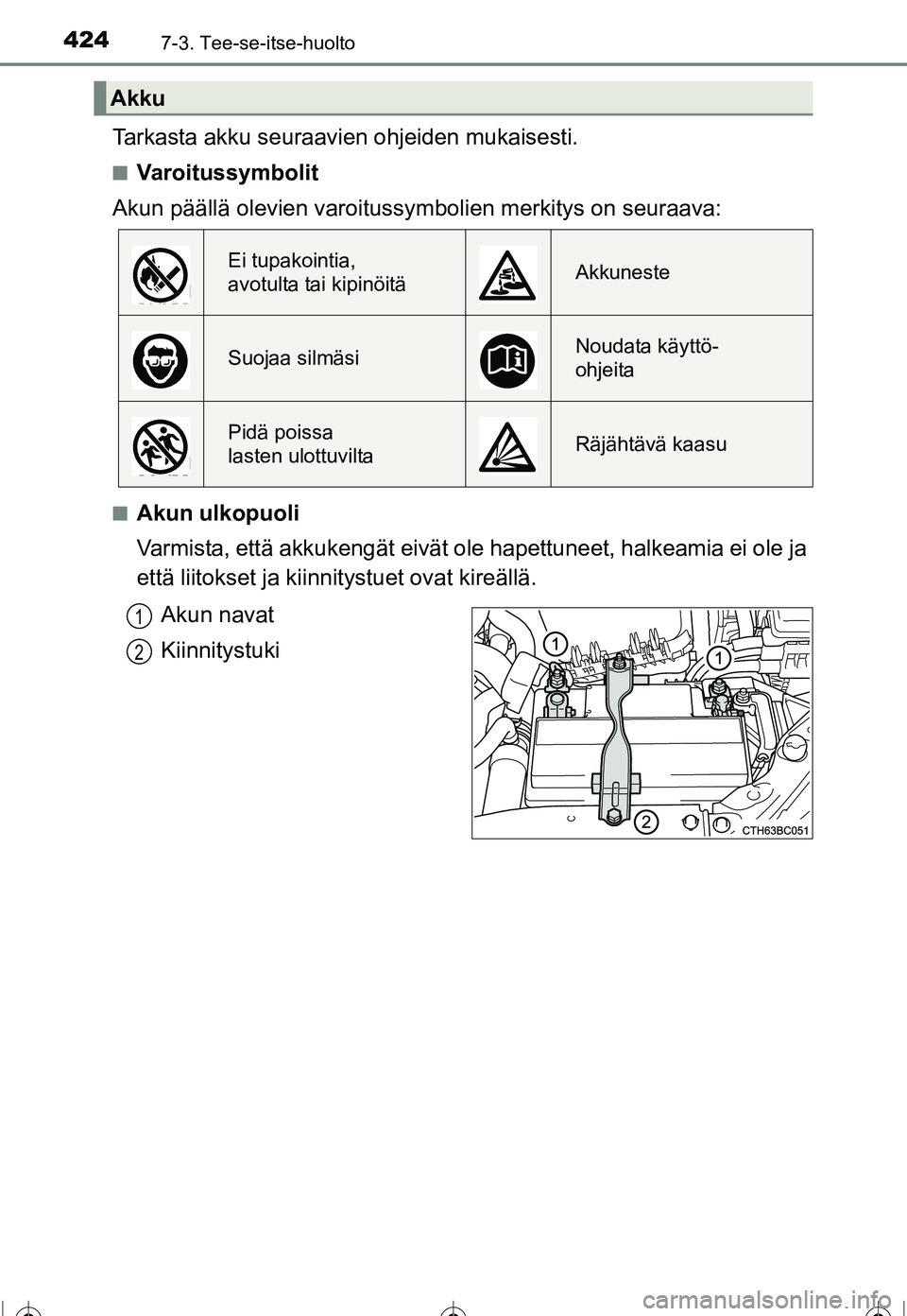 TOYOTA COROLLA 2016  Omistajan Käsikirja (in Finnish) 4247-3. Tee-se-itse-huolto
OM12J90FI
Tarkasta akku seuraavien ohjeiden mukaisesti.
■Varoitussymbolit
Akun päällä olevien varoitussy mbolien merkitys on seuraava:
■Akun ulkopuoli
Varmista, että