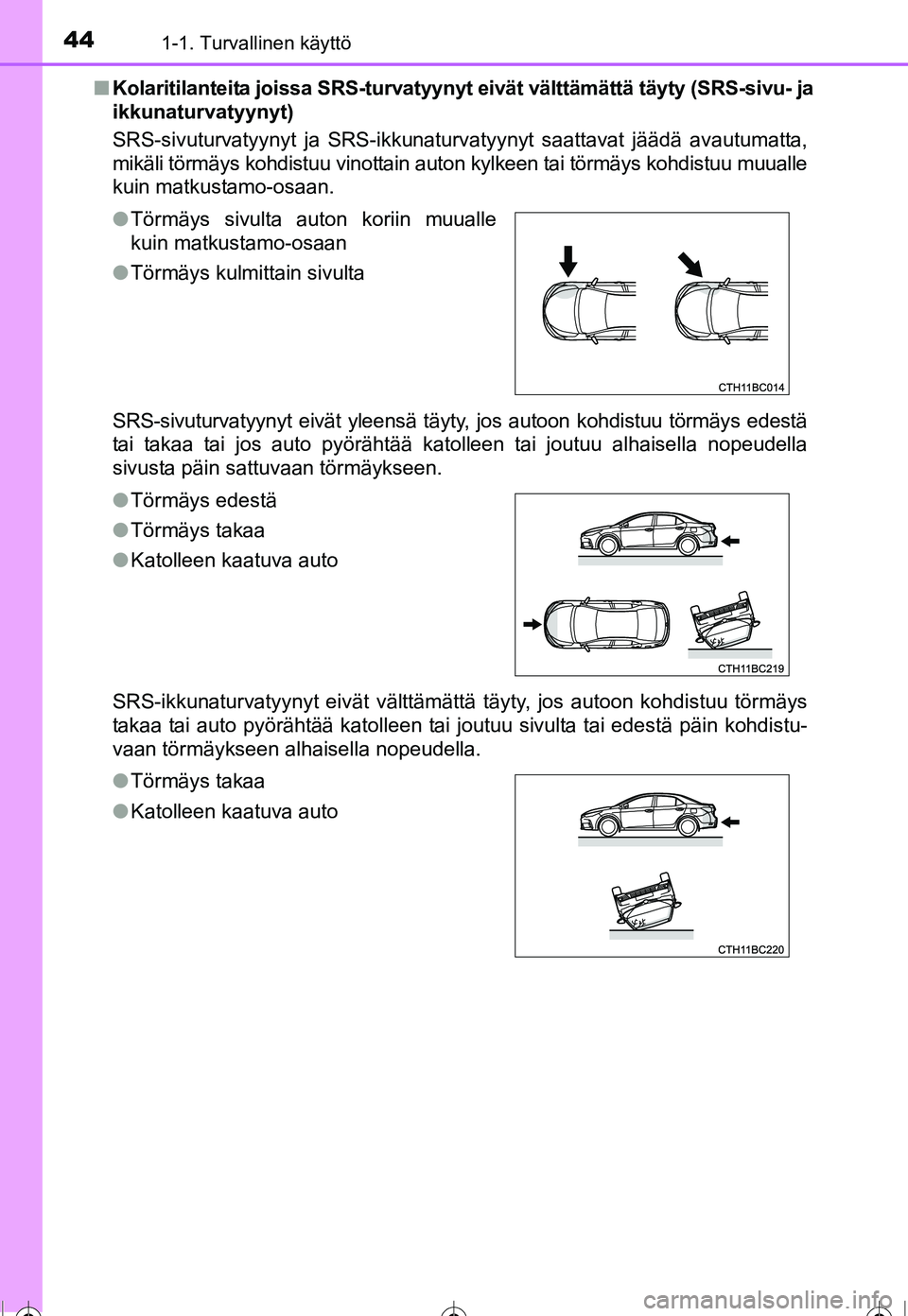 TOYOTA COROLLA 2016 Omistajan Käsikirja (in Finnish) 441-1. Turvallinen käyttö
OM12J90FI■
Kolaritilanteita joissa SRS-turvatyyny t eivät välttämättä täyty (SRS-sivu- ja
ikkunaturvatyynyt)
SRS-sivuturvatyynyt ja SRS-ikkunaturvatyynyt saattavat TOYOTA COROLLA 2016 Omistajan Käsikirja (in Finnish) 441-1. Turvallinen käyttö
OM12J90FI■
Kolaritilanteita joissa SRS-turvatyyny t eivät välttämättä täyty (SRS-sivu- ja
ikkunaturvatyynyt)
SRS-sivuturvatyynyt ja SRS-ikkunaturvatyynyt saattavat