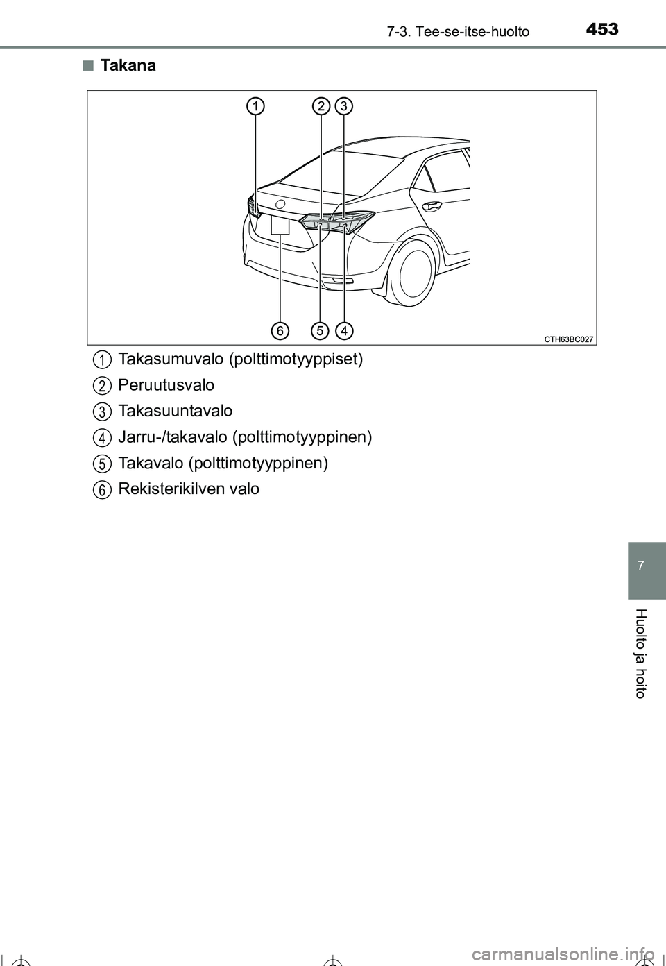 TOYOTA COROLLA 2016  Omistajan Käsikirja (in Finnish) 4537-3. Tee-se-itse-huolto
OM12J90FI
7
Huolto ja hoito
■Ta k a n a
Takasumuvalo (polttimotyyppiset)
Peruutusvalo
Takasuuntavalo
Jarru-/takavalo (polttimotyyppinen)
Takavalo (polttimotyyppinen)
Rekis