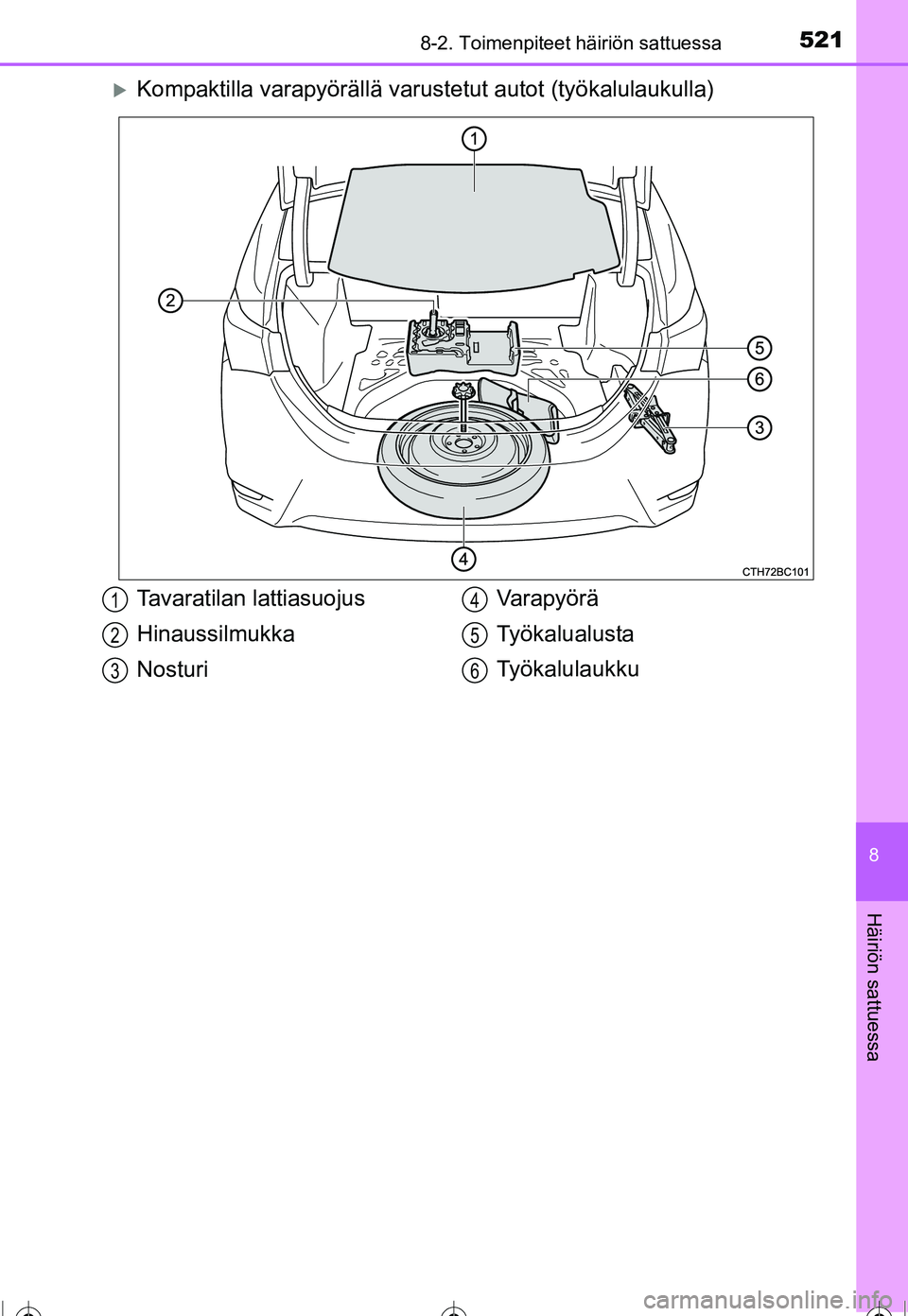 TOYOTA COROLLA 2016  Omistajan Käsikirja (in Finnish) 5218-2. Toimenpiteet häiriön sattuessa
OM12J90FI
8
Häiriön sattuessa
�XKompaktilla varapyörällä varustetut autot (työkalulaukulla)
Tavaratilan lattiasuojus
Hinaussilmukka
Nosturi Va r a p y ö