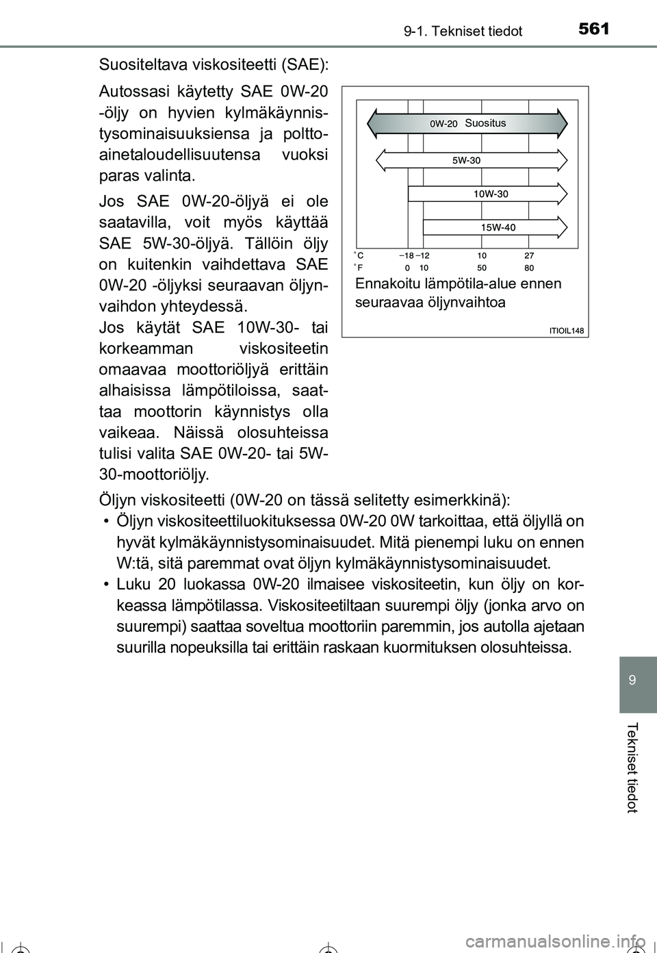 TOYOTA COROLLA 2016  Omistajan Käsikirja (in Finnish) 5619-1. Tekniset tiedot
OM12J90FI
9
Tekniset tiedot
Suositeltava viskositeetti (SAE):
Autossasi käytetty SAE 0W-20
-öljy on hyvien kylmäkäynnis-
tysominaisuuksiensa ja poltto-
ainetaloudellisuuten