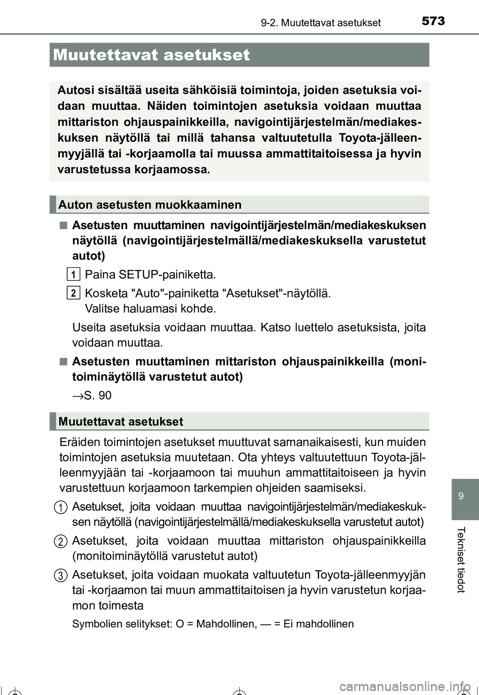 TOYOTA COROLLA 2016  Omistajan Käsikirja (in Finnish) 573
OM12J90FI
9
Tekniset tiedot
9-2. Muutettavat asetukset
■Asetusten muuttaminen navigointijärjestelmän/mediakeskuksen
näytöllä (navigointijärjestelmällä/mediakeskuksella varustetut
autot)
