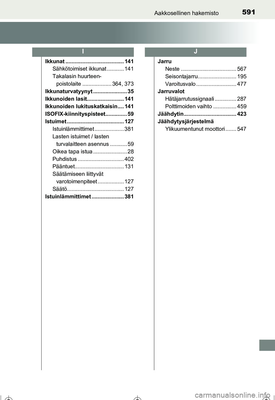 TOYOTA COROLLA 2016  Omistajan Käsikirja (in Finnish) 591Aakkosellinen hakemisto
OM12J90FI
Ikkunat ...................................... 141Sähkötoimiset ikkunat ........... 141
Takalasin huurteen-
poistolaite ................... 364, 373
Ikkunaturvat