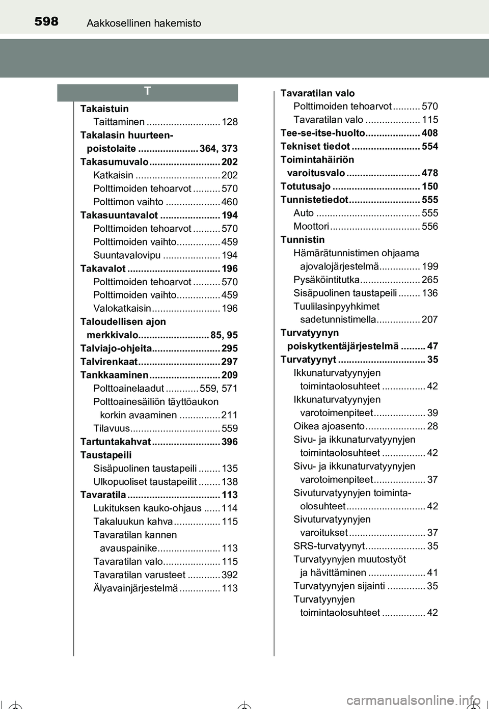 TOYOTA COROLLA 2016  Omistajan Käsikirja (in Finnish) 598Aakkosellinen hakemisto
OM12J90FI
TakaistuinTaittaminen ........................... 128
Takalasin huurteen- poistolaite ...................... 364, 373
Takasumuvalo .......................... 202
K