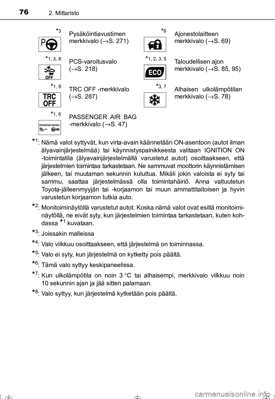 TOYOTA COROLLA 2016  Omistajan Käsikirja (in Finnish) 762. Mittaristo
OM12J90FI
*1: Nämä valot syttyvät, kun virta-avain käännetään ON-asentoon (autot ilmanälyavainjärjestelmää) tai käynnistyspainikkeesta valitaan IGNITION ON
-toimintatila (