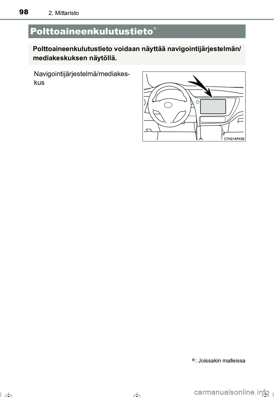 TOYOTA COROLLA 2016  Omistajan Käsikirja (in Finnish) 982. Mittaristo
OM12J90FI
Navigointijärjestelmä/mediakes-
kus
Polttoaineenkulutustieto∗
∗: Joissakin malleissa
Polttoaineenkulutustieto voidaan näyttää navigointijärjestelmän/
mediakeskukse
