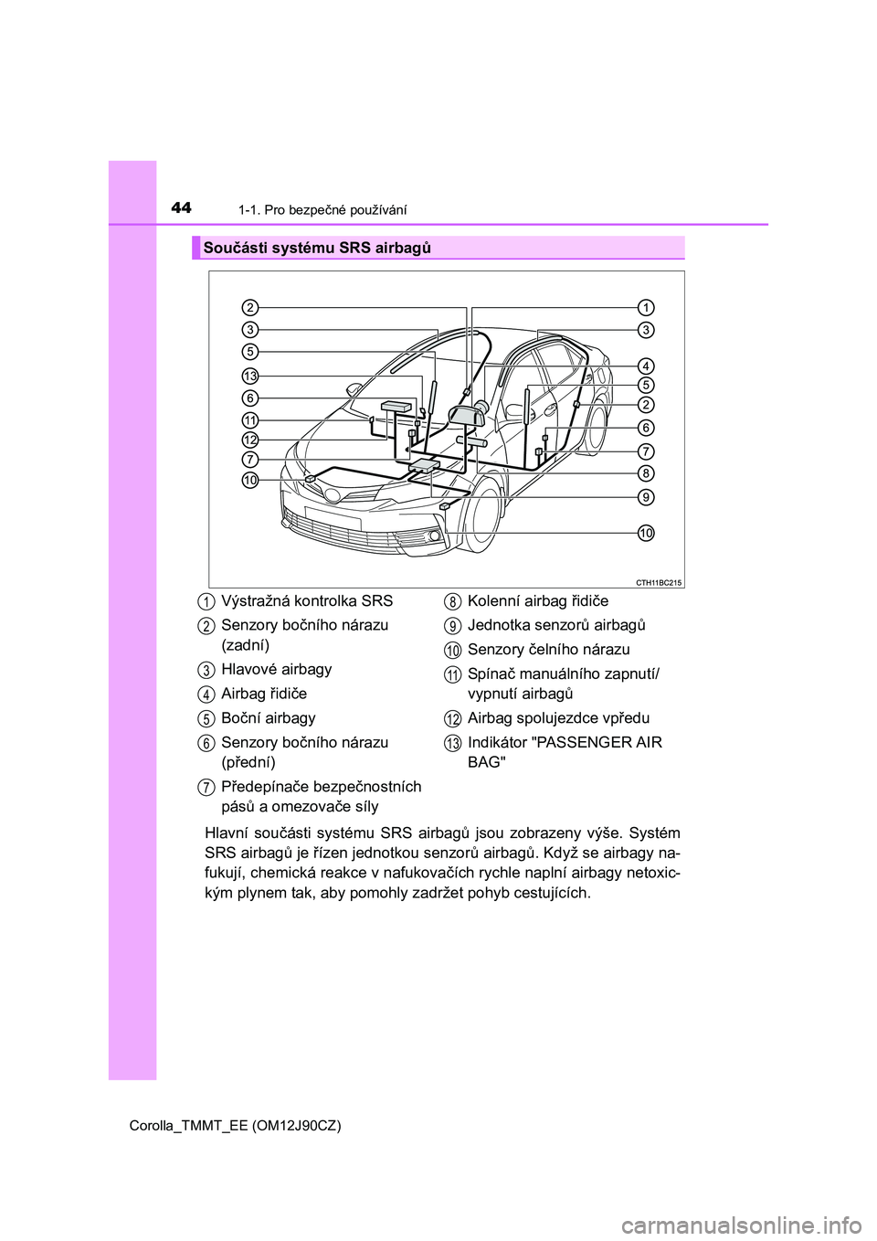 TOYOTA COROLLA 2016  Návod na použití (in Czech) 441-1. Pro bezpečné používání
Corolla_TMMT_EE (OM12J90CZ)
Hlavní součásti systému SRS airbagů jsou zobrazeny výše. Systém
SRS airbagů je řízen jednotkou senzorů airbagů. Když se ai