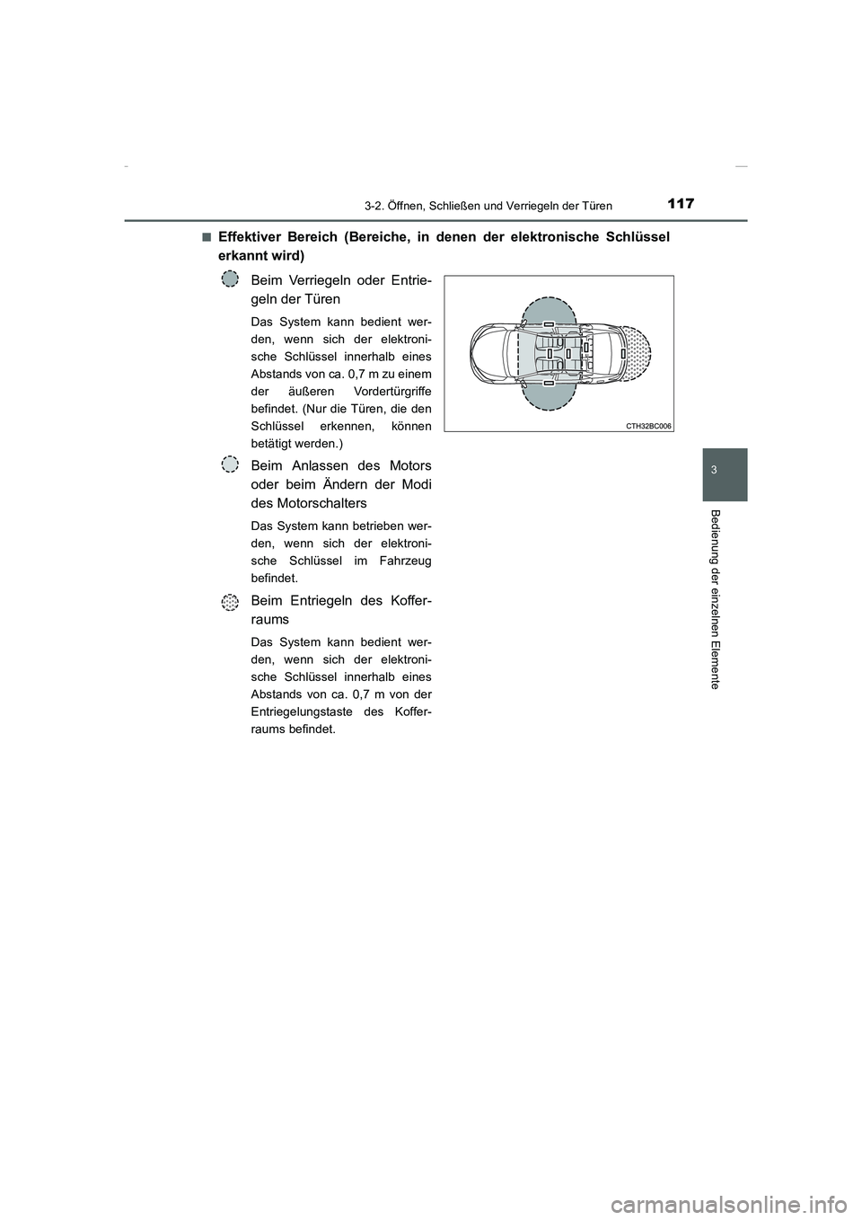 TOYOTA COROLLA 2015  Betriebsanleitungen (in German) 1173-2. Öffnen, Schließen und Verriegeln der Türen
3
Bedienung der einzelnen Elemente
COROLLA_TMMT_EM (OM12J76M)■
Effektiver Bereich (Bereiche, in denen der elektronische Schlüssel
erkannt wird)