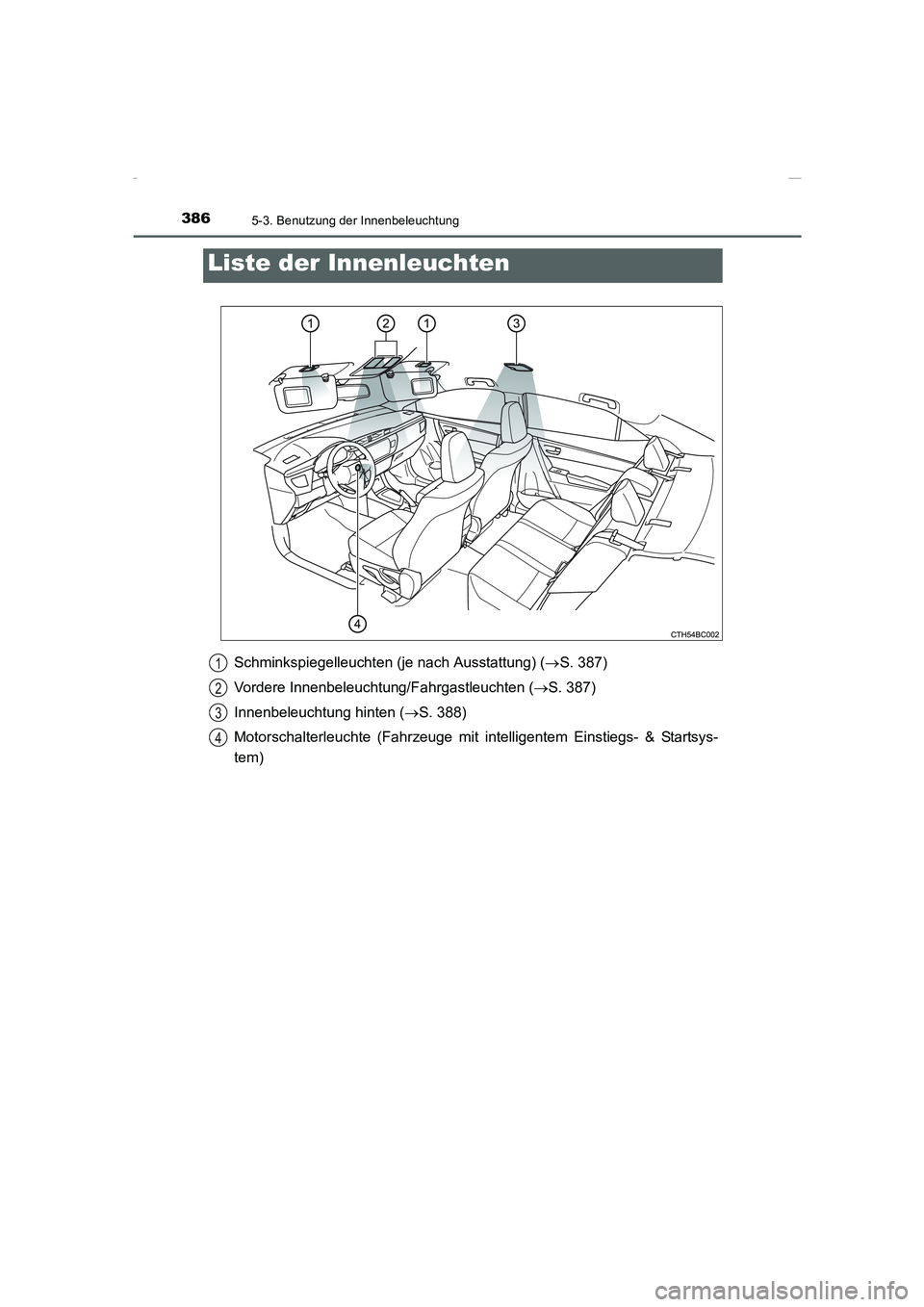 TOYOTA COROLLA 2015 Betriebsanleitungen (in German) 386
COROLLA_TMMT_EM (OM12J76M)
5-3. Benutzung der Innenbeleuchtung
Schminkspiegelleuchten (je nach Ausstattung) (→S. 387)
Vordere Innenbeleuchtung/Fahrgastleuchten (→S. 387)
Innenbeleuchtung hinte TOYOTA COROLLA 2015 Betriebsanleitungen (in German) 386
COROLLA_TMMT_EM (OM12J76M)
5-3. Benutzung der Innenbeleuchtung
Schminkspiegelleuchten (je nach Ausstattung) (→S. 387)
Vordere Innenbeleuchtung/Fahrgastleuchten (→S. 387)
Innenbeleuchtung hinte