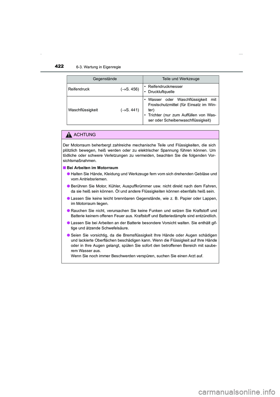 TOYOTA COROLLA 2015 Betriebsanleitungen (in German) 4226-3. Wartung in Eigenregie
COROLLA_TMMT_EM (OM12J76M)
Reifendruck (→S. 456)• Reifendruckmesser
• Druckluftquelle
Waschflüssigkeit (→S. 441)
• Wasser oder Waschflüssigkeit mit
Frostschut TOYOTA COROLLA 2015 Betriebsanleitungen (in German) 4226-3. Wartung in Eigenregie
COROLLA_TMMT_EM (OM12J76M)
Reifendruck (→S. 456)• Reifendruckmesser
• Druckluftquelle
Waschflüssigkeit (→S. 441)
• Wasser oder Waschflüssigkeit mit
Frostschut