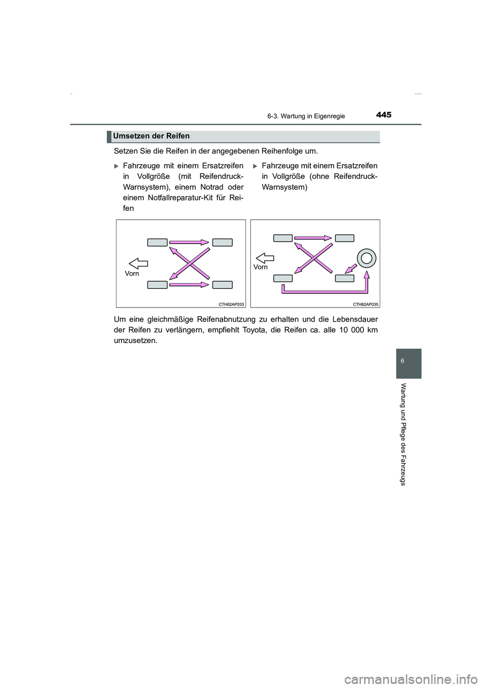 TOYOTA COROLLA 2015  Betriebsanleitungen (in German) 4456-3. Wartung in Eigenregie
6
Wartung und Pflege des Fahrzeugs
COROLLA_TMMT_EM (OM12J76M)
Setzen Sie die Reifen in der angegebenen Reihenfolge um.
Um eine gleichmäßige Reifenabnutzung zu erhalten 