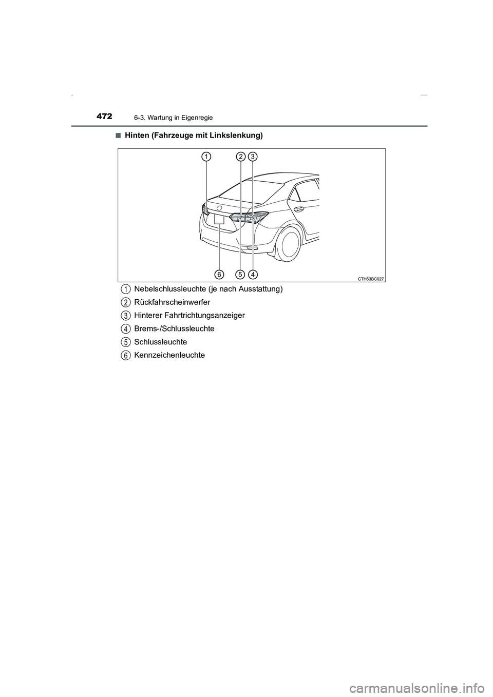 TOYOTA COROLLA 2015  Betriebsanleitungen (in German) 4726-3. Wartung in Eigenregie
COROLLA_TMMT_EM (OM12J76M)■
Hinten (Fahrzeuge mit Linkslenkung)
Nebelschlussleuchte (je nach Ausstattung)
Rückfahrscheinwerfer
Hinterer Fahrtrichtungsanzeiger
Brems-/S