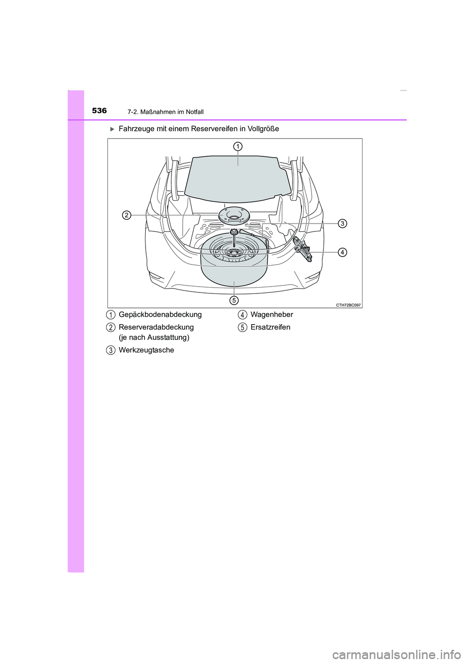 TOYOTA COROLLA 2015  Betriebsanleitungen (in German) 5367-2. Maßnahmen im Notfall
COROLLA_TMMT_EM (OM12J76M)
�XFahrzeuge mit einem Reservereifen in Vollgröße
Gepäckbodenabdeckung
Reserveradabdeckung 
(je nach Ausstattung)
WerkzeugtascheWagenheber
Er