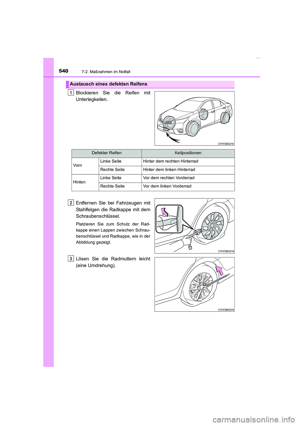 TOYOTA COROLLA 2015  Betriebsanleitungen (in German) 5407-2. Maßnahmen im Notfall
COROLLA_TMMT_EM (OM12J76M)
Blockieren Sie die Reifen mit
Unterlegkeilen.
Entfernen Sie bei Fahrzeugen mit
Stahlfelgen die Radkappe mit dem
Schraubenschlüssel.
Platzieren