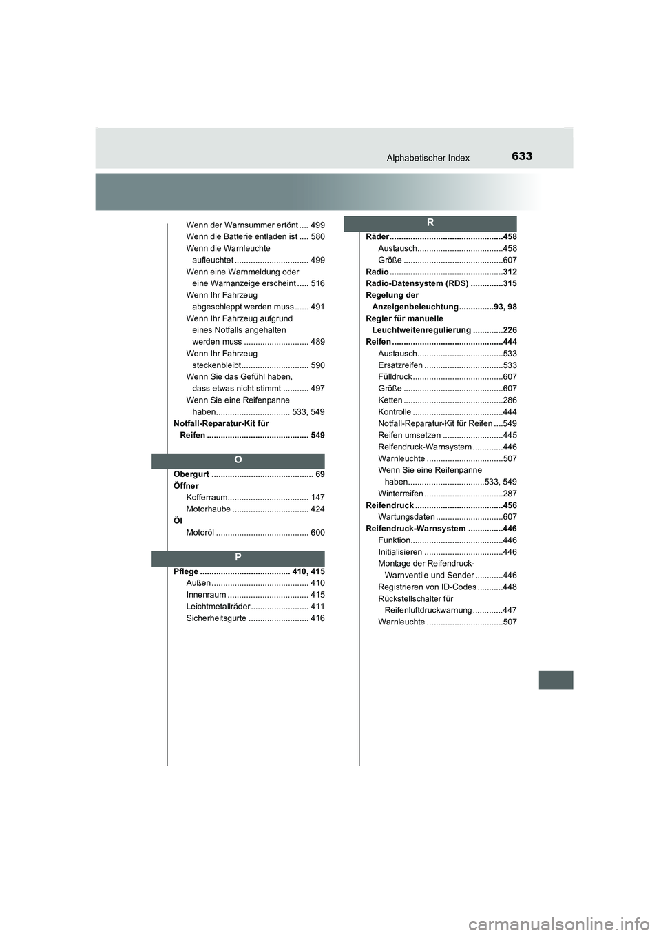 TOYOTA COROLLA 2015  Betriebsanleitungen (in German) 633Alphabetischer Index
COROLLA_TMMT_EM (OM12J76M)
Wenn der Warnsummer ertönt .... 499
Wenn die Batterie entladen ist .... 580
Wenn die Warnleuchte 
aufleuchtet ................................ 499
W