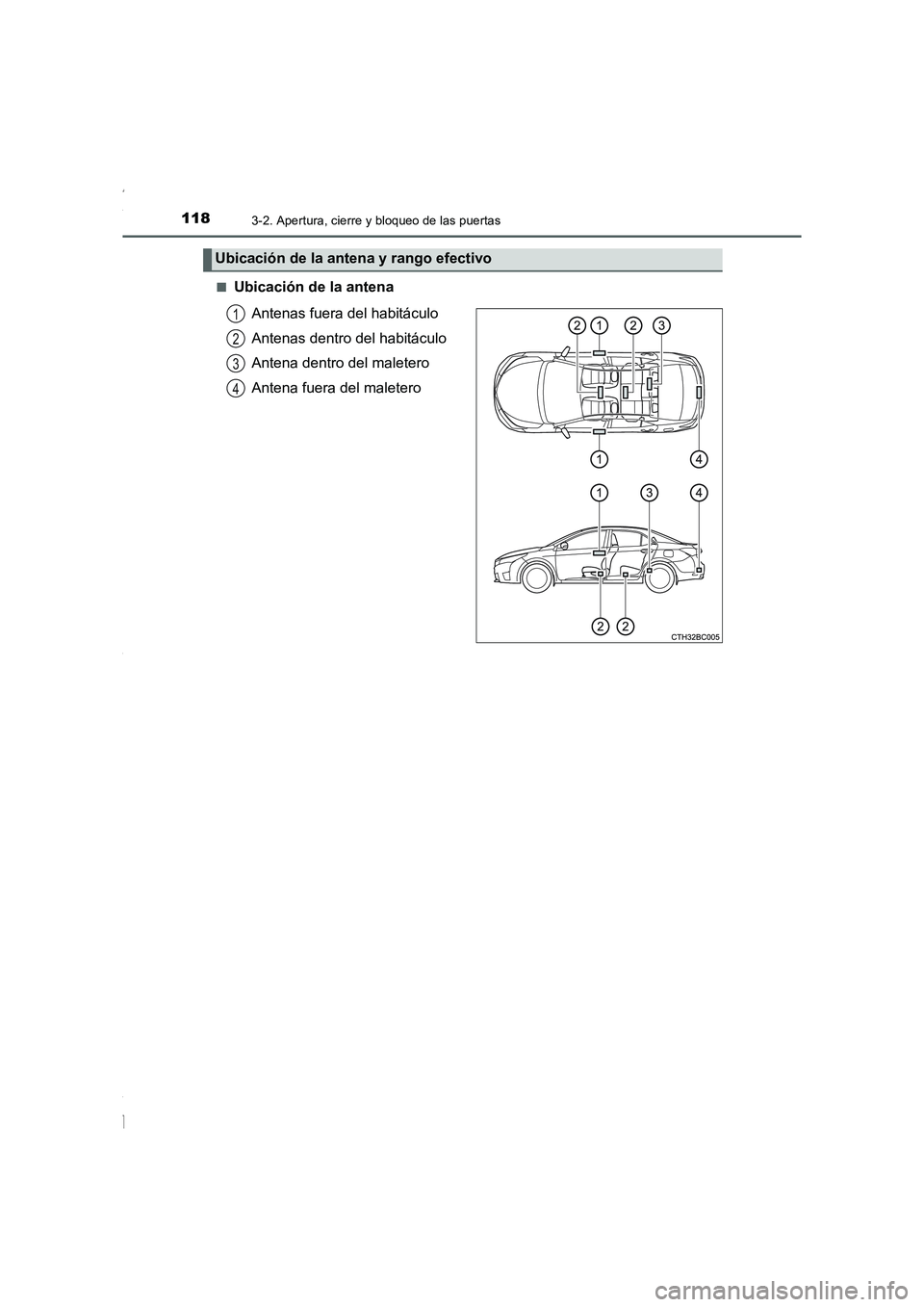 TOYOTA COROLLA 2015  Manual del propietario (in Spanish) 1183-2. Apertura, cierre y bloqueo de las puertas
COROLLA_TMMT_ES (OM12J77S)■
Ubicación de la antena
Antenas fuera del habitáculo
Antenas dentro del habitáculo
Antena dentro del maletero
Antena f