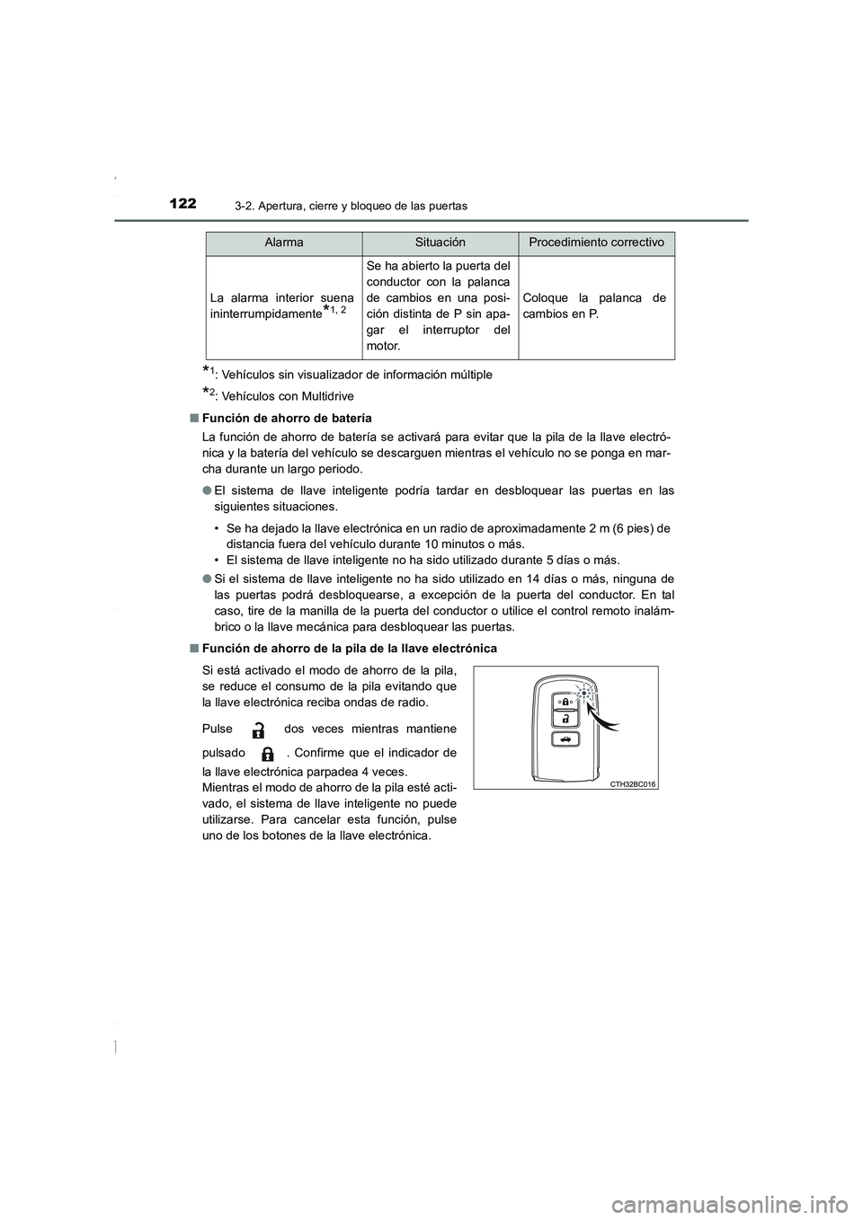 TOYOTA COROLLA 2015 Manual del propietario (in Spanish) 1223-2. Apertura, cierre y bloqueo de las puertas
COROLLA_TMMT_ES (OM12J77S)
*1: Vehículos sin visualizador de información múltiple
*2: Vehículos con Multidrive
■Función de ahorro de batería
L TOYOTA COROLLA 2015 Manual del propietario (in Spanish) 1223-2. Apertura, cierre y bloqueo de las puertas
COROLLA_TMMT_ES (OM12J77S)
*1: Vehículos sin visualizador de información múltiple
*2: Vehículos con Multidrive
■Función de ahorro de batería
L