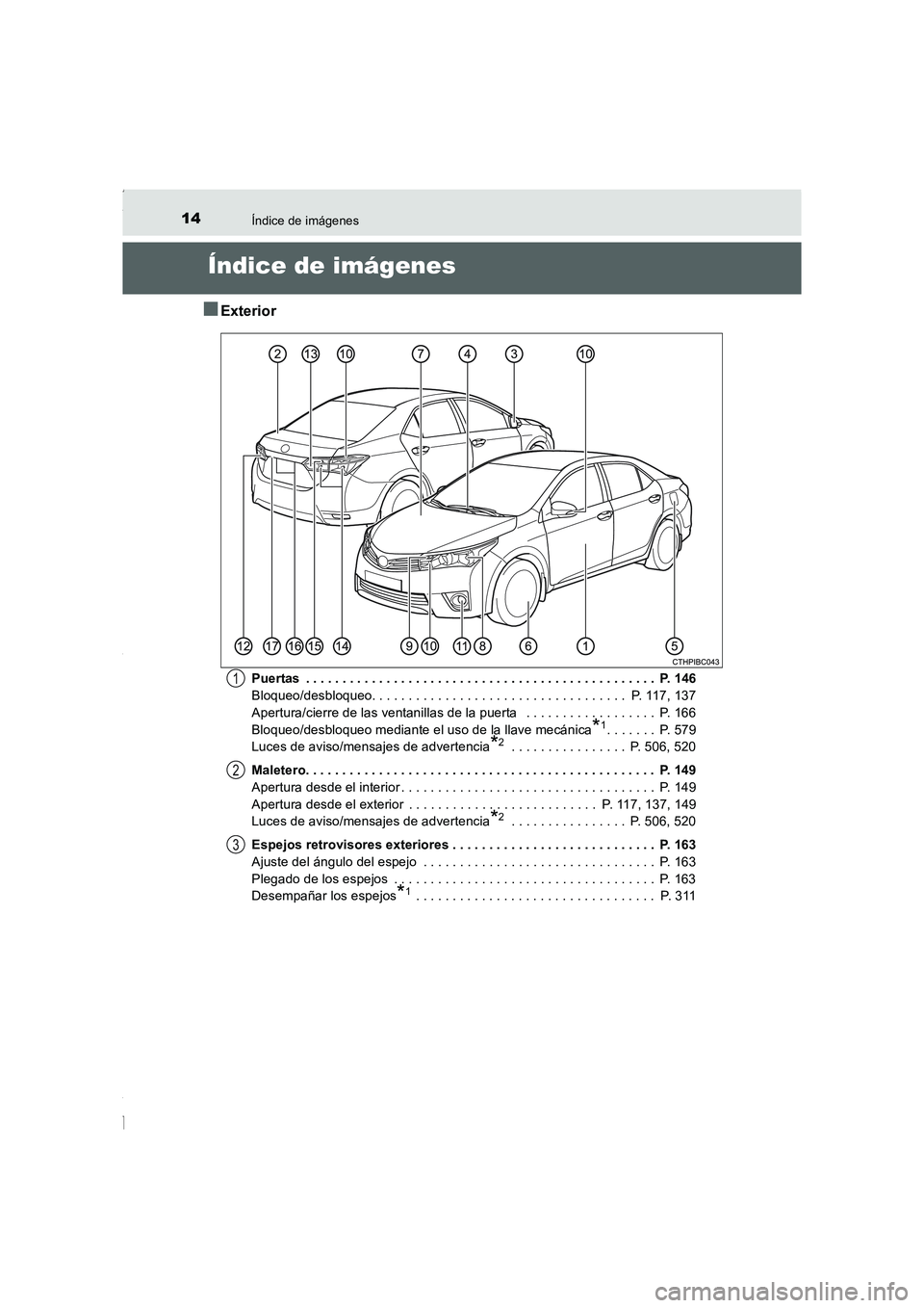 TOYOTA COROLLA 2015  Manual del propietario (in Spanish) 14
COROLLA_TMMT_ES (OM12J77S)
Índice de imágenes
Índice de imágenes
■Exterior
Puertas  . . . . . . . . . . . . . . . . . . . . . . . . . . . . . . . . . . . . . . . . . . . . . . . .  P. 146
Blo