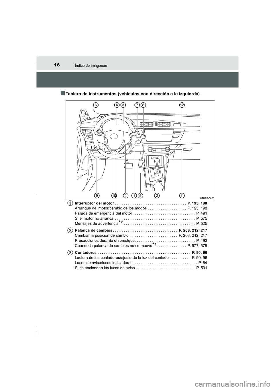 TOYOTA COROLLA 2015  Manual del propietario (in Spanish) 16Índice de imágenes
COROLLA_TMMT_ES (OM12J77S)
■Tablero de instrumentos (vehículos con dirección a la izquierda)
Interruptor del motor . . . . . . . . . . . . . . . . . . . . . . . . . . . . . 