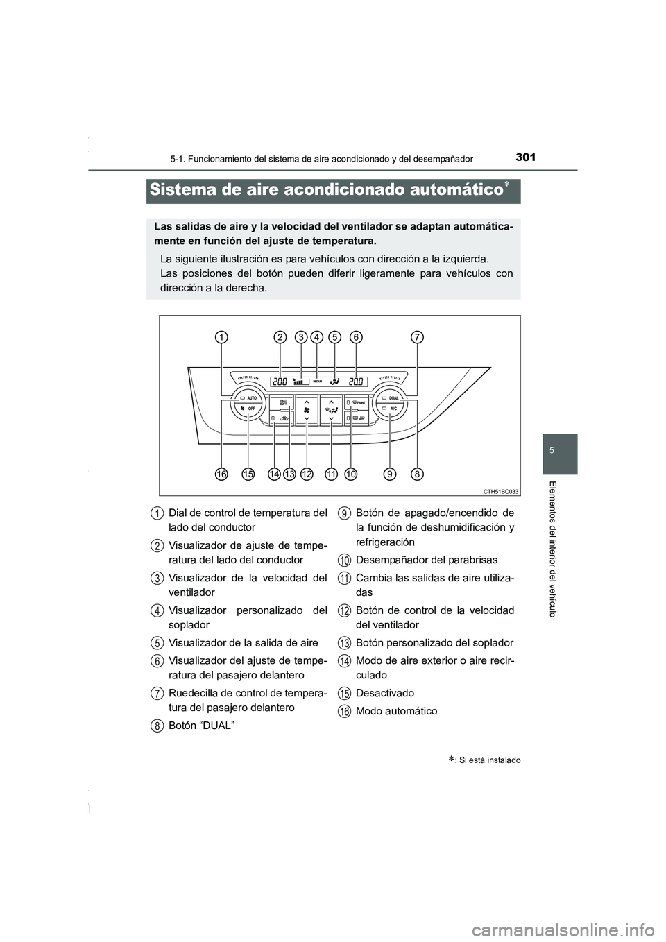 TOYOTA COROLLA 2015 Manual del propietario (in Spanish) 3015-1. Funcionamiento del sistema de aire acondicionado y del desempañador
5
Elementos del interior del vehículo
COROLLA_TMMT_ES (OM12J77S)
Sistema de aire acondicionado automático∗
∗: Si est TOYOTA COROLLA 2015 Manual del propietario (in Spanish) 3015-1. Funcionamiento del sistema de aire acondicionado y del desempañador
5
Elementos del interior del vehículo
COROLLA_TMMT_ES (OM12J77S)
Sistema de aire acondicionado automático∗
∗: Si est