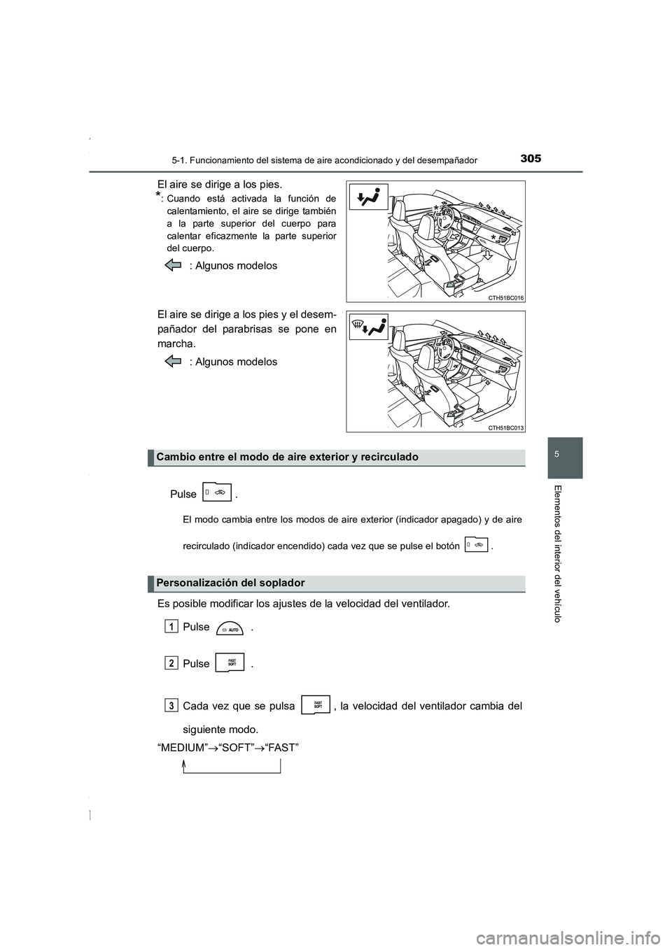 TOYOTA COROLLA 2015 Manual del propietario (in Spanish) 3055-1. Funcionamiento del sistema de aire acondicionado y del desempañador
5
Elementos del interior del vehículo
COROLLA_TMMT_ES (OM12J77S)
El aire se dirige a los pies.
*: Cuando está activada la TOYOTA COROLLA 2015 Manual del propietario (in Spanish) 3055-1. Funcionamiento del sistema de aire acondicionado y del desempañador
5
Elementos del interior del vehículo
COROLLA_TMMT_ES (OM12J77S)
El aire se dirige a los pies.
*: Cuando está activada la