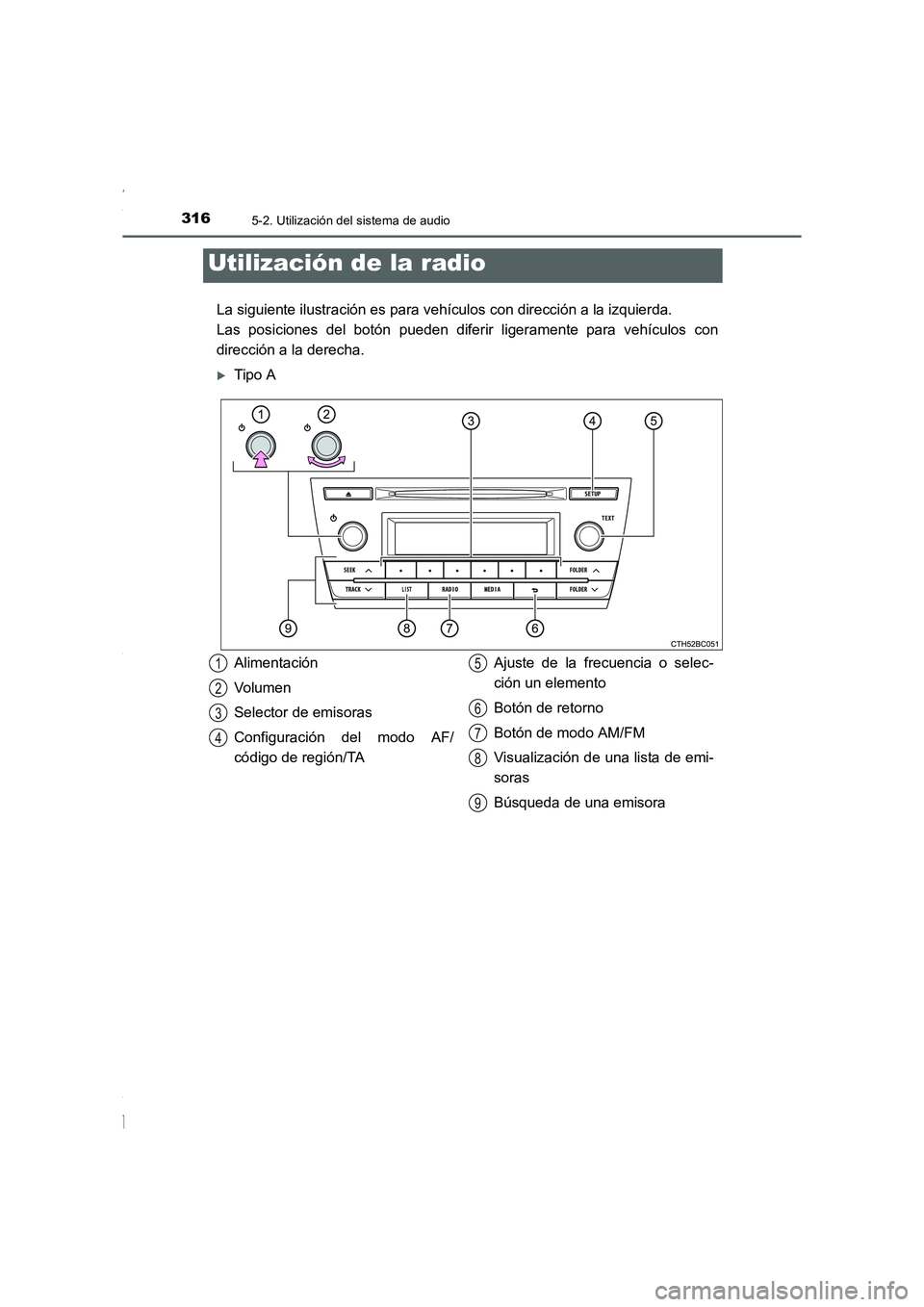 TOYOTA COROLLA 2015  Manual del propietario (in Spanish) 3165-2. Utilización del sistema de audio
COROLLA_TMMT_ES (OM12J77S)
La siguiente ilustración es para vehículos con dirección a la izquierda. 
Las posiciones del botón pueden diferir ligeramente p