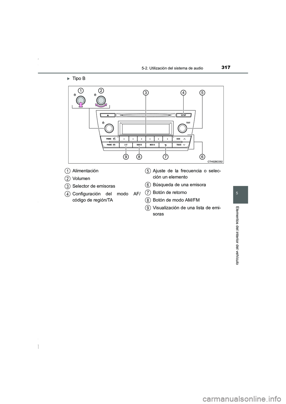 TOYOTA COROLLA 2015  Manual del propietario (in Spanish) 3175-2. Utilización del sistema de audio
5
Elementos del interior del vehículo
COROLLA_TMMT_ES (OM12J77S)
�XTipo B
Alimentación
Volumen
Selector de emisoras
Configuración del modo AF/
código de r