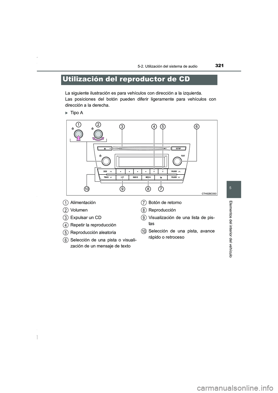 TOYOTA COROLLA 2015  Manual del propietario (in Spanish) 3215-2. Utilización del sistema de audio
5
Elementos del interior del vehículo
COROLLA_TMMT_ES (OM12J77S)
La siguiente ilustración es para vehículos con dirección a la izquierda. 
Las posiciones 