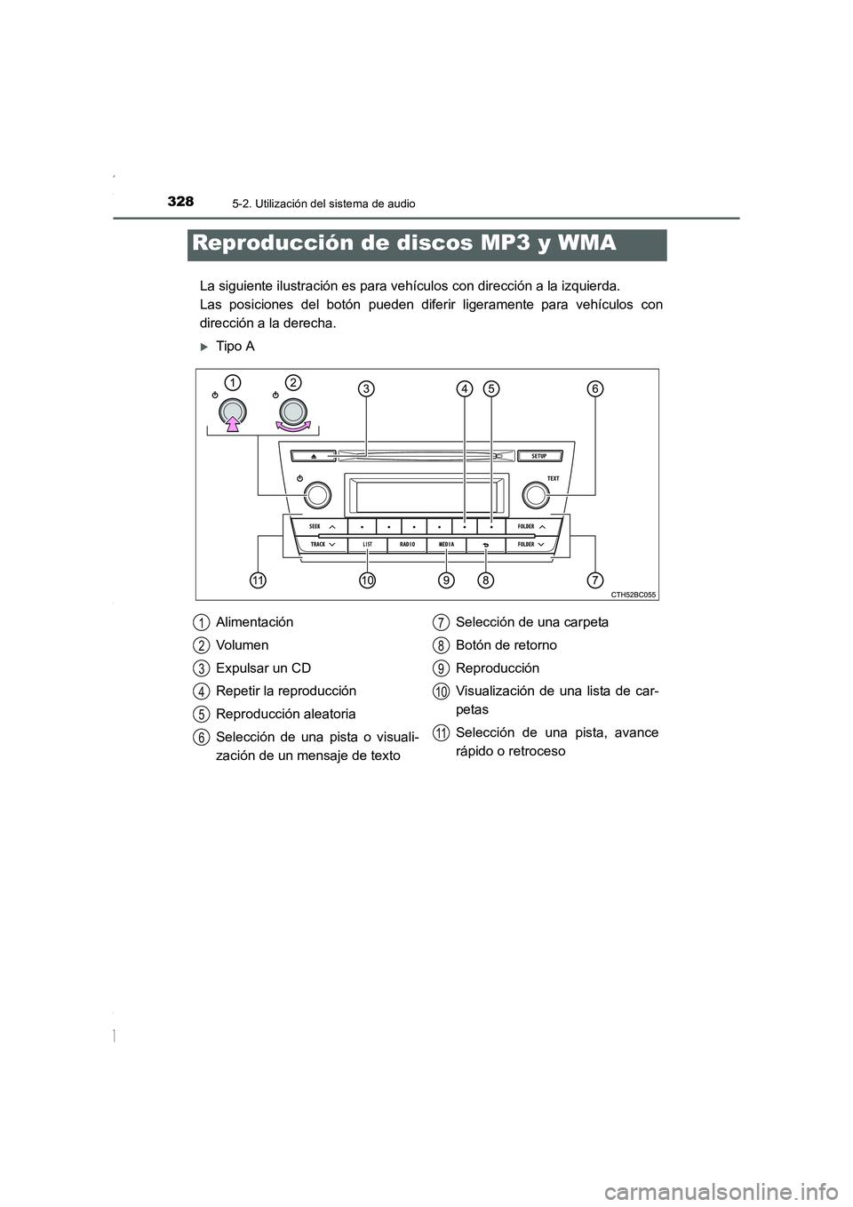 TOYOTA COROLLA 2015  Manual del propietario (in Spanish) 3285-2. Utilización del sistema de audio
COROLLA_TMMT_ES (OM12J77S)
La siguiente ilustración es para vehículos con dirección a la izquierda. 
Las posiciones del botón pueden diferir ligeramente p