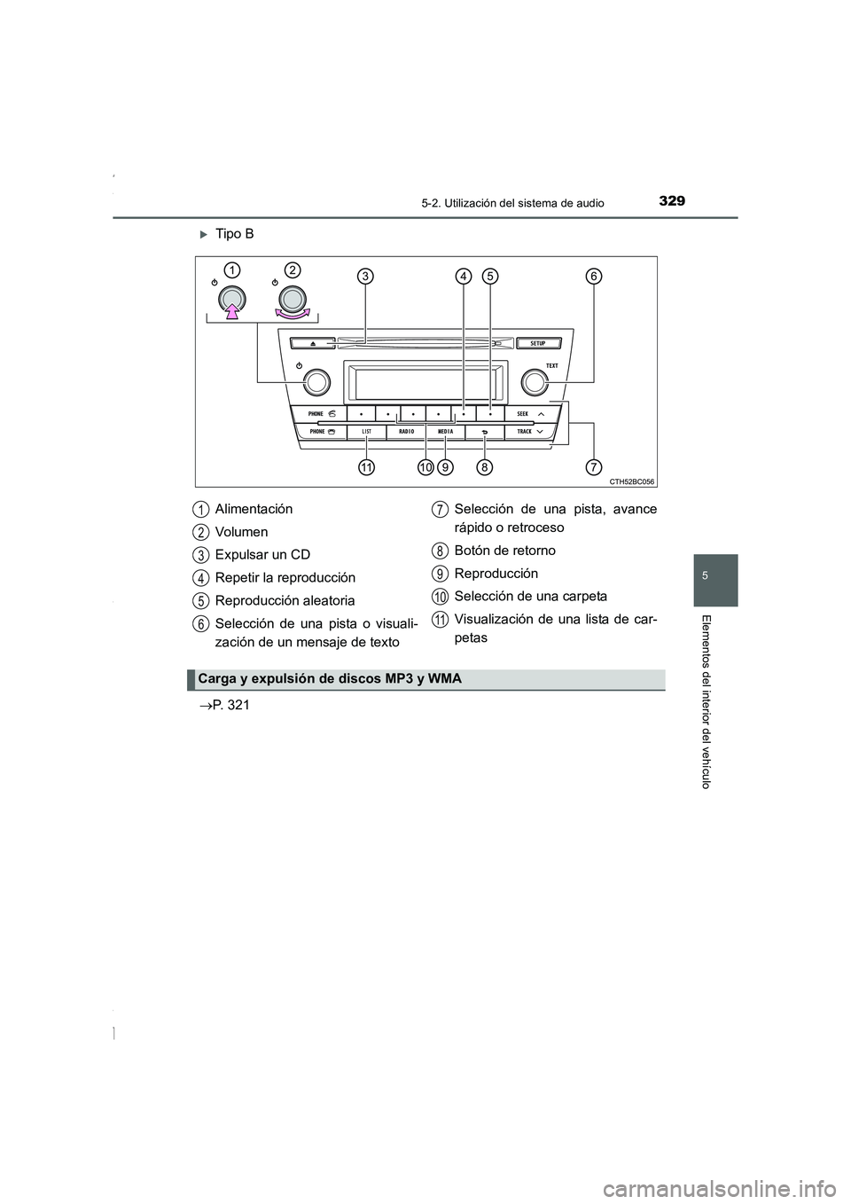 TOYOTA COROLLA 2015  Manual del propietario (in Spanish) 3295-2. Utilización del sistema de audio
5
Elementos del interior del vehículo
COROLLA_TMMT_ES (OM12J77S)
�XTipo B
→P. 321Alimentación
Volumen
Expulsar un CD
Repetir la reproducción
Reproducció