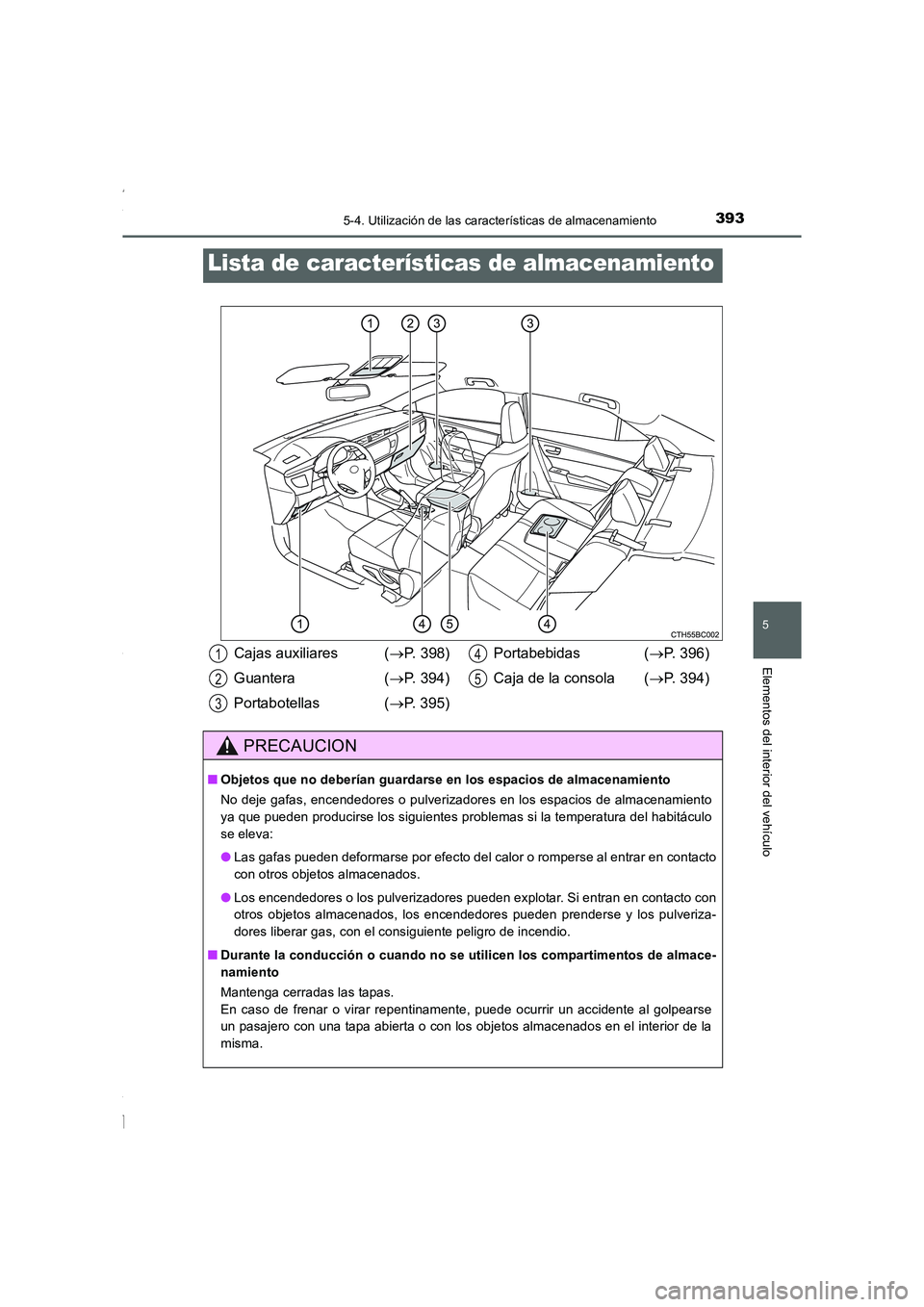 TOYOTA COROLLA 2015  Manual del propietario (in Spanish) 393
5
Elementos del interior del vehículo
COROLLA_TMMT_ES (OM12J77S)
5-4. Utilización de las características de almacenamiento
Lista de características de almacenamiento
Cajas auxiliares (→P. 39