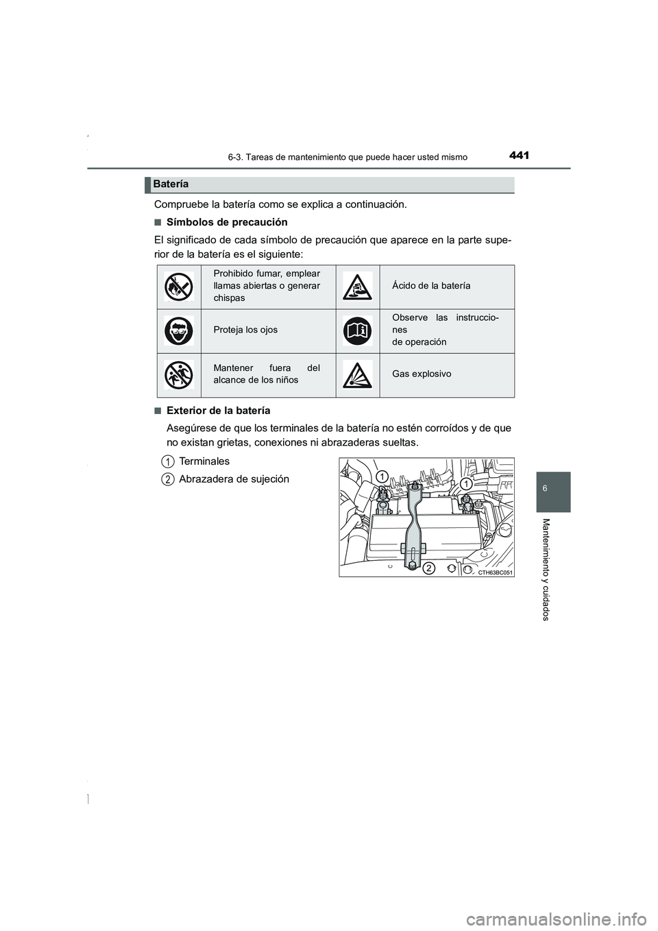TOYOTA COROLLA 2015 Manual del propietario (in Spanish) 4416-3. Tareas de mantenimiento que puede hacer usted mismo
6
Mantenimiento y cuidados
COROLLA_TMMT_ES (OM12J77S)
Compruebe la batería como se explica a continuación.
■Símbolos de precaución
El TOYOTA COROLLA 2015 Manual del propietario (in Spanish) 4416-3. Tareas de mantenimiento que puede hacer usted mismo
6
Mantenimiento y cuidados
COROLLA_TMMT_ES (OM12J77S)
Compruebe la batería como se explica a continuación.
■Símbolos de precaución
El