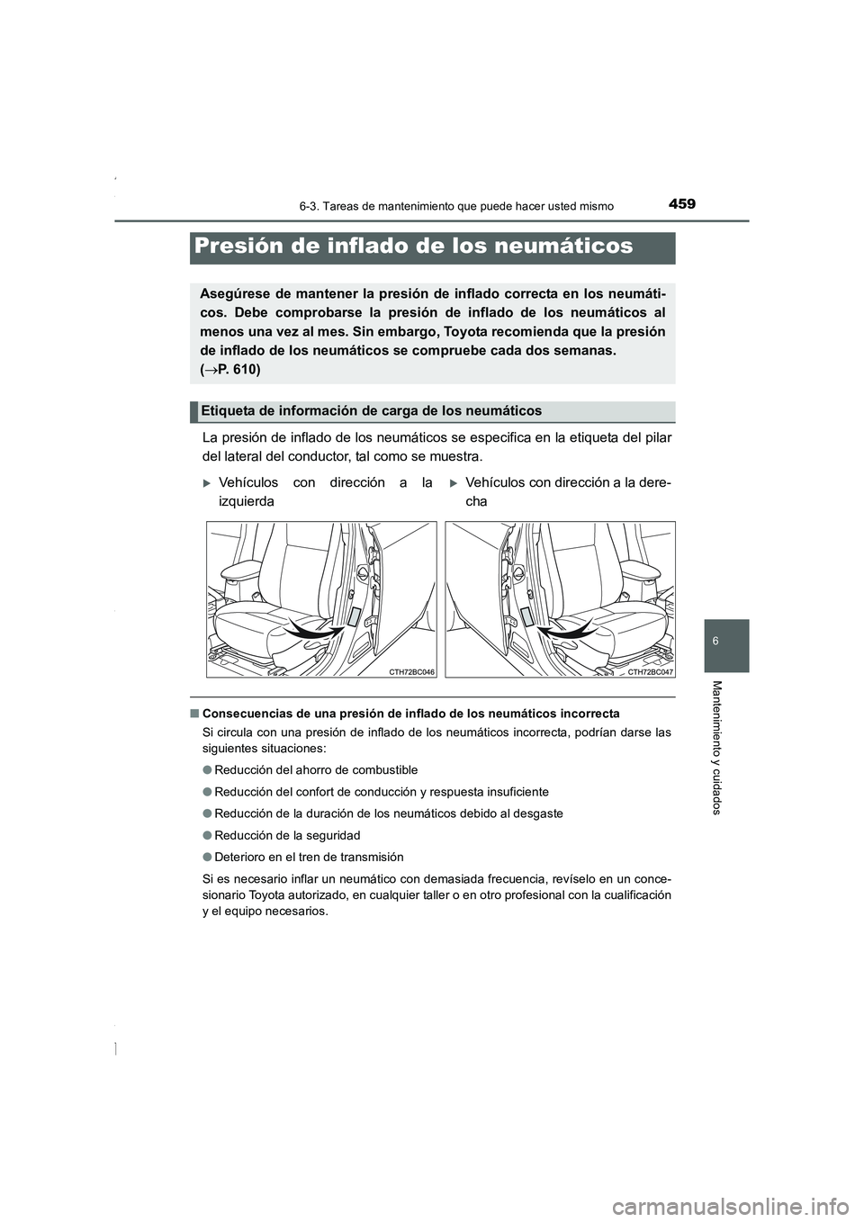 TOYOTA COROLLA 2015  Manual del propietario (in Spanish) 4596-3. Tareas de mantenimiento que puede hacer usted mismo
6
Mantenimiento y cuidados
COROLLA_TMMT_ES (OM12J77S)
La presión de inflado de los neumáticos se especifica en la etiqueta del pilar
del l