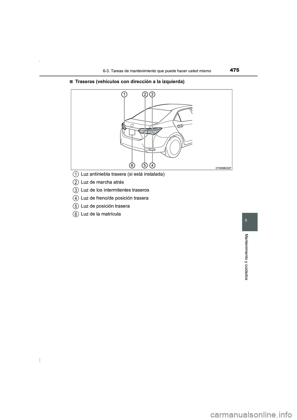 TOYOTA COROLLA 2015  Manual del propietario (in Spanish) 4756-3. Tareas de mantenimiento que puede hacer usted mismo
6
Mantenimiento y cuidados
COROLLA_TMMT_ES (OM12J77S)■
Traseras (vehículos con dirección a la izquierda)
Luz antiniebla trasera (si est