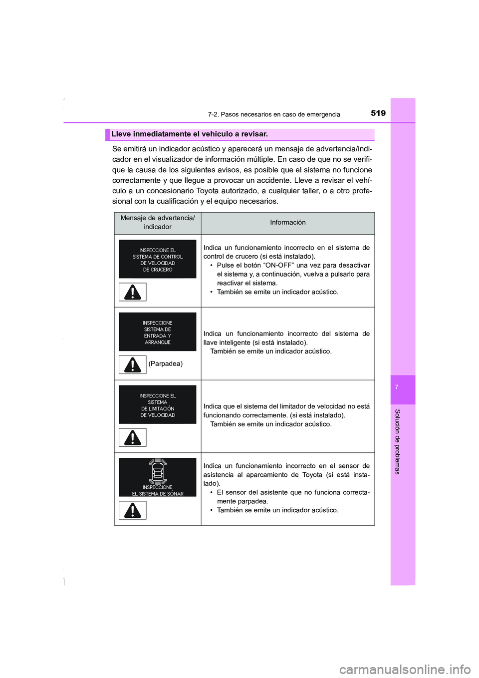TOYOTA COROLLA 2015 Manual del propietario (in Spanish) 5197-2. Pasos necesarios en caso de emergencia
7
Solución de problemas
COROLLA_TMMT_ES (OM12J77S)
Se emitirá un indicador acústico y aparecerá un mensaje de advertencia/indi-
cador en el visualiza TOYOTA COROLLA 2015 Manual del propietario (in Spanish) 5197-2. Pasos necesarios en caso de emergencia
7
Solución de problemas
COROLLA_TMMT_ES (OM12J77S)
Se emitirá un indicador acústico y aparecerá un mensaje de advertencia/indi-
cador en el visualiza