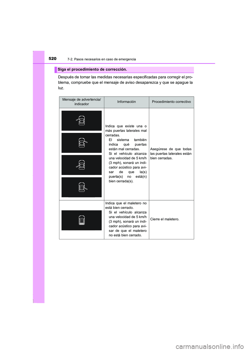TOYOTA COROLLA 2015 Manual del propietario (in Spanish) 5207-2. Pasos necesarios en caso de emergencia
COROLLA_TMMT_ES (OM12J77S)
Después de tomar las medidas necesarias especificadas para corregir el pro-
blema, compruebe que el mensaje de aviso desapare TOYOTA COROLLA 2015 Manual del propietario (in Spanish) 5207-2. Pasos necesarios en caso de emergencia
COROLLA_TMMT_ES (OM12J77S)
Después de tomar las medidas necesarias especificadas para corregir el pro-
blema, compruebe que el mensaje de aviso desapare